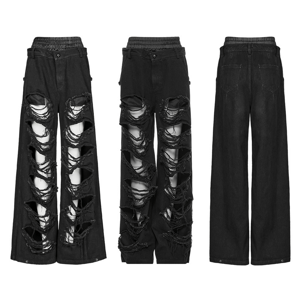 Punk Rave black distressed wide leg denim pants with rips showcasing adjustable fit and hip-hop style.