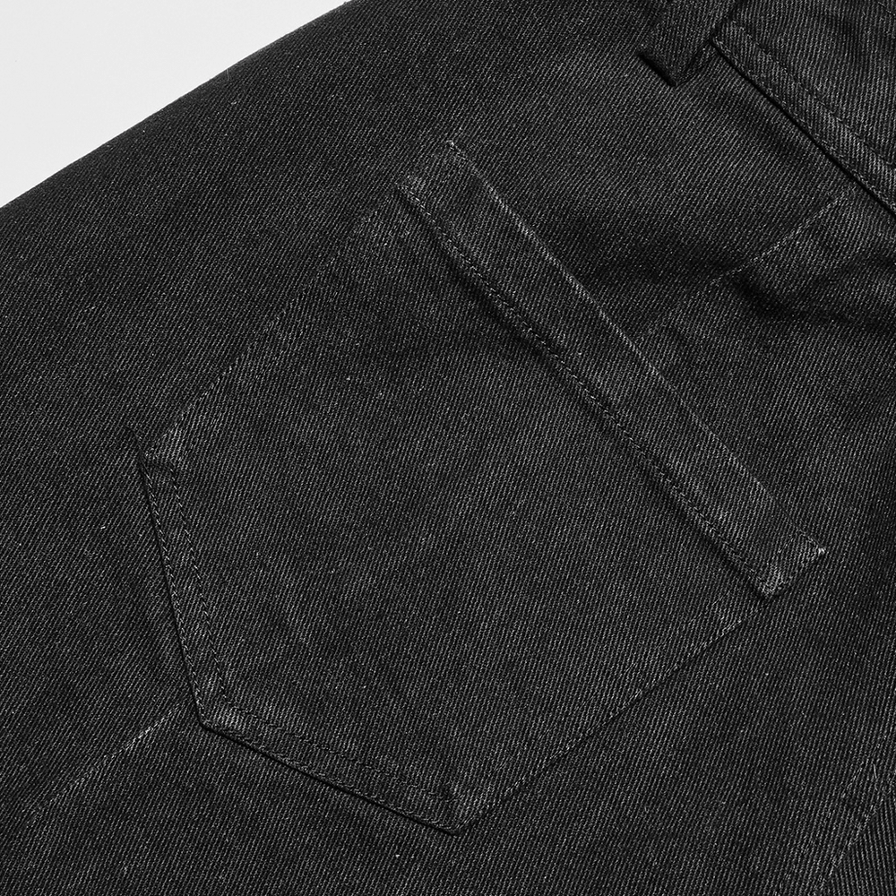 Close-up of the pocket on black distressed wide-leg denim pants from Punk Rave, showcasing unique fabric texture.
