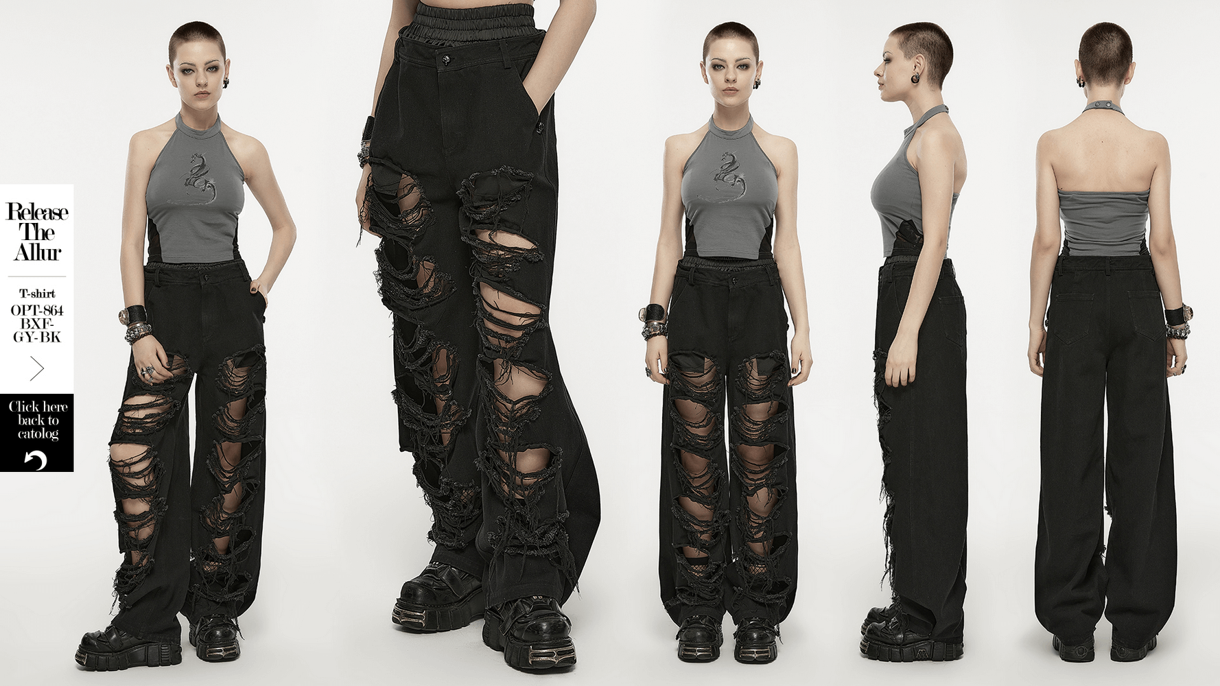 Black distressed wide leg denim pants with rips styled for women's hip-hop fashion.