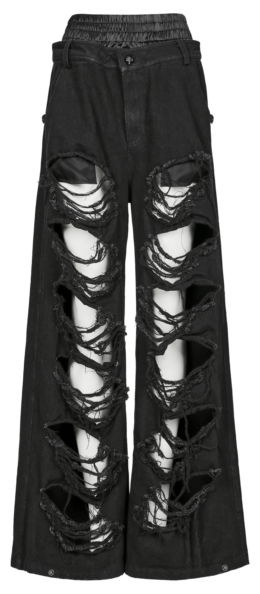 Punk Rave black distressed wide leg jeans with rips, elastic waist for a customizable fit, perfect for edgy fashion.