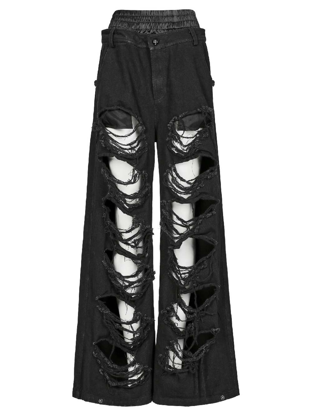 Punk Rave black distressed wide leg jeans with rips, elastic waist for a customizable fit, perfect for edgy fashion.