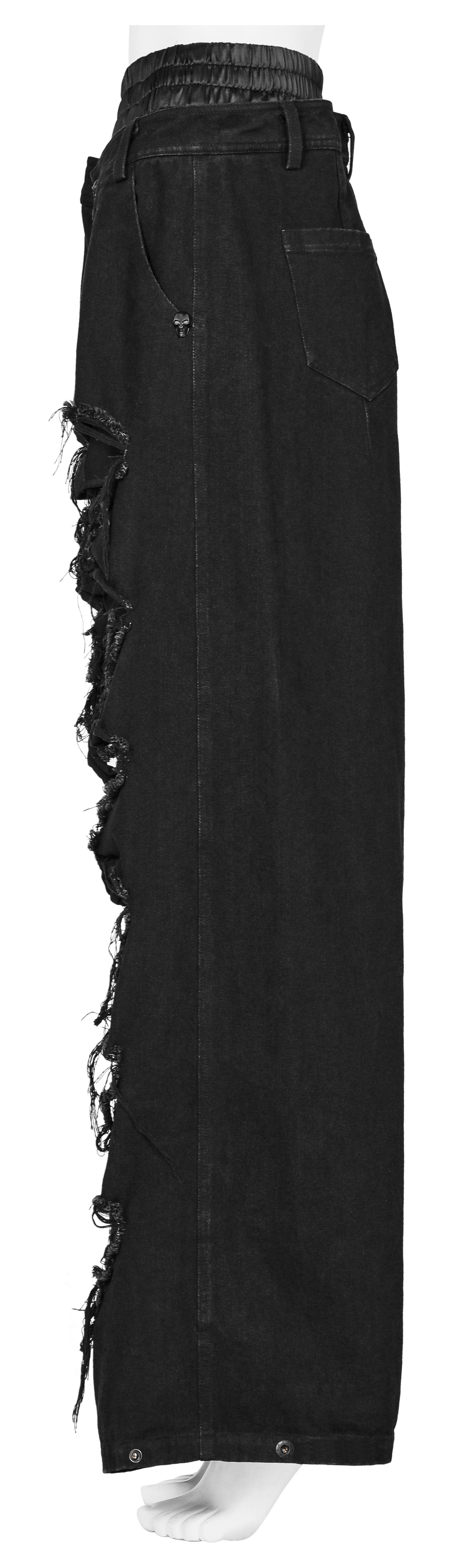 Punk Rave black distressed wide-leg denim pants with rips, featuring an elastic waist for a hip-hop vibe.