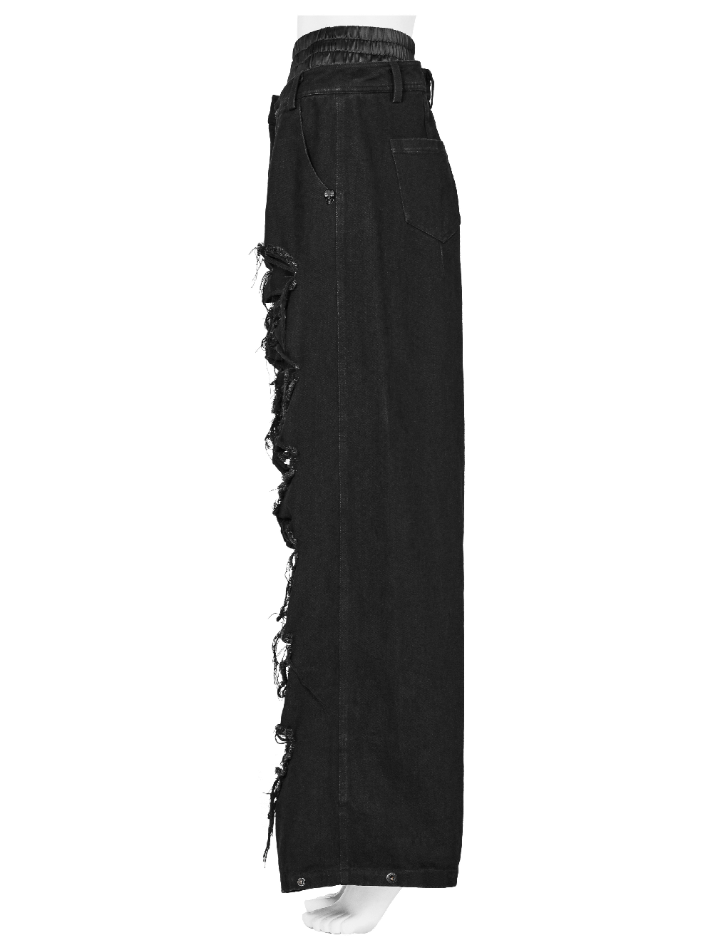 Punk Rave black distressed wide-leg denim pants with rips, featuring an elastic waist for a hip-hop vibe.