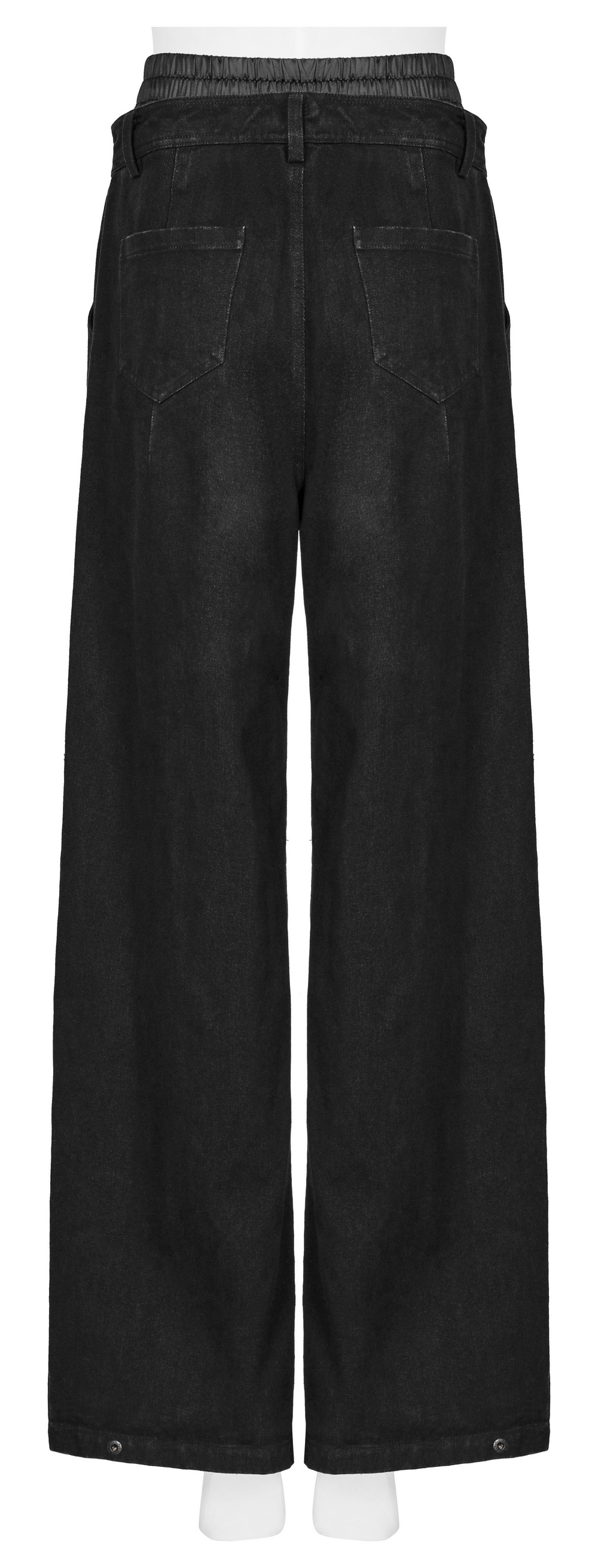 Back view of black distressed wide-leg denim pants with elastic waist, ideal for a punk rock style.