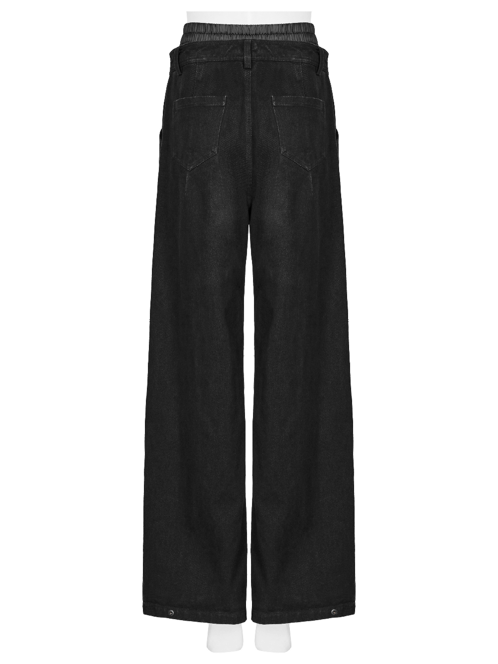 Back view of black distressed wide-leg denim pants with elastic waist, ideal for a punk rock style.