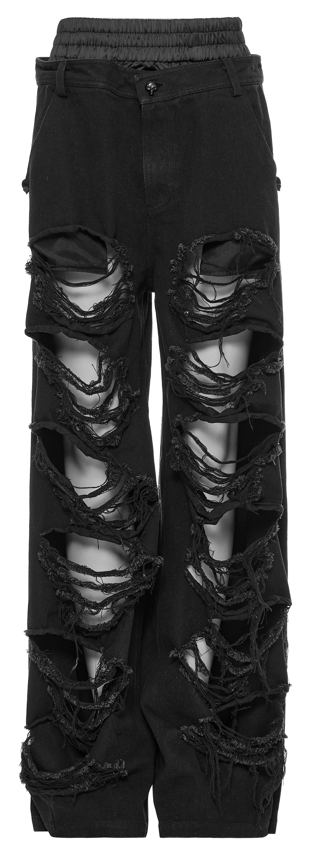Punk Rave black distressed wide leg denim pants with multiple rips, perfect for a bold hip-hop style.