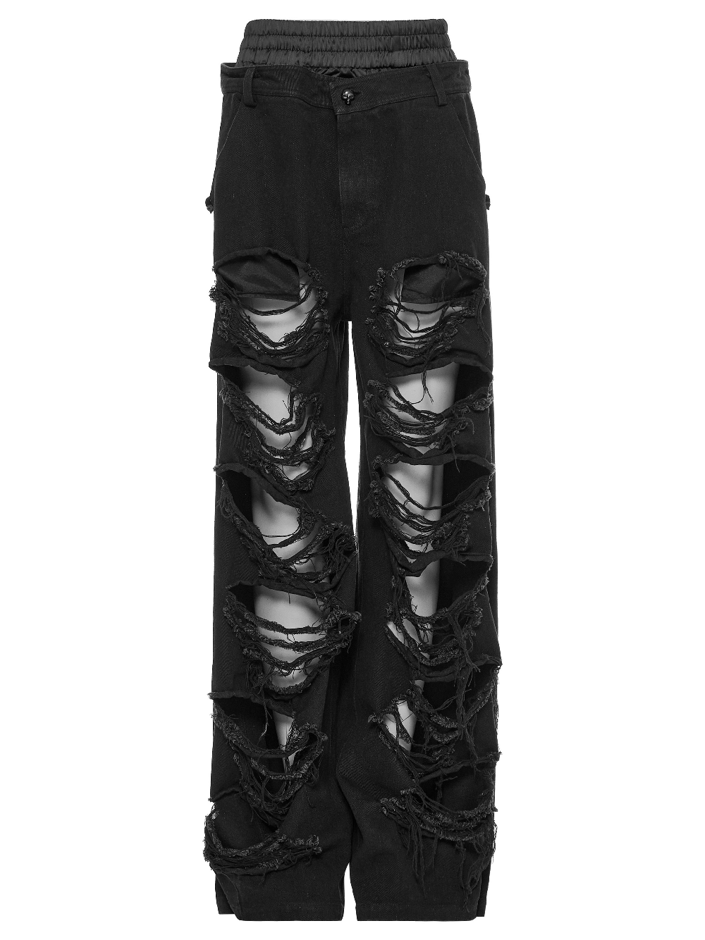 Punk Rave black distressed wide leg denim pants with multiple rips, perfect for a bold hip-hop style.