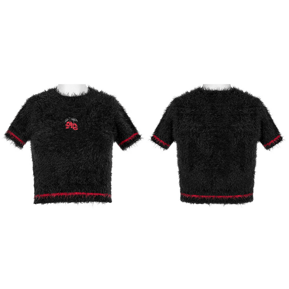 Punk Rave Black Faux Fur Cherry Skull Crop Top Sweater