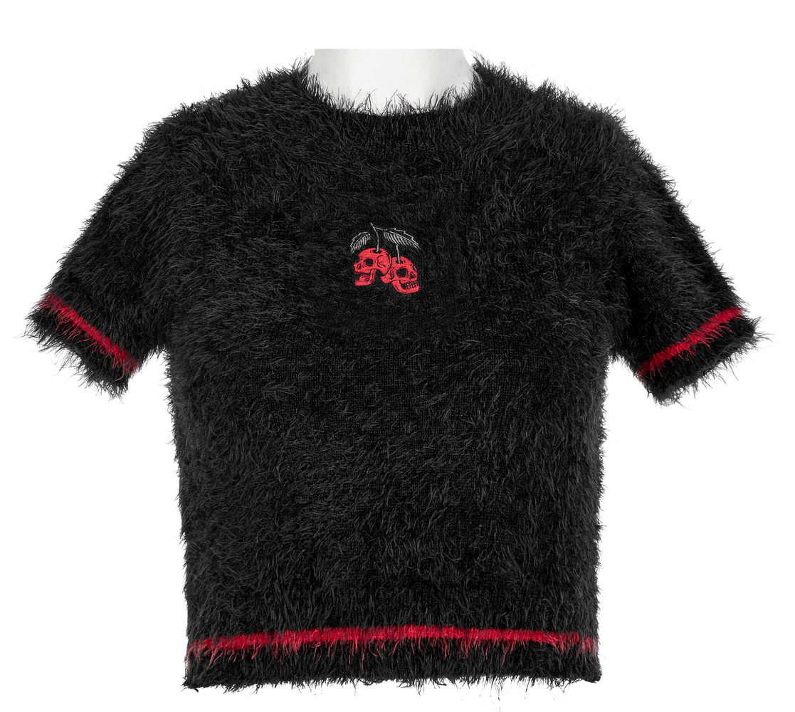Punk Rave Black Faux Fur Cherry Skull Crop Top Sweater