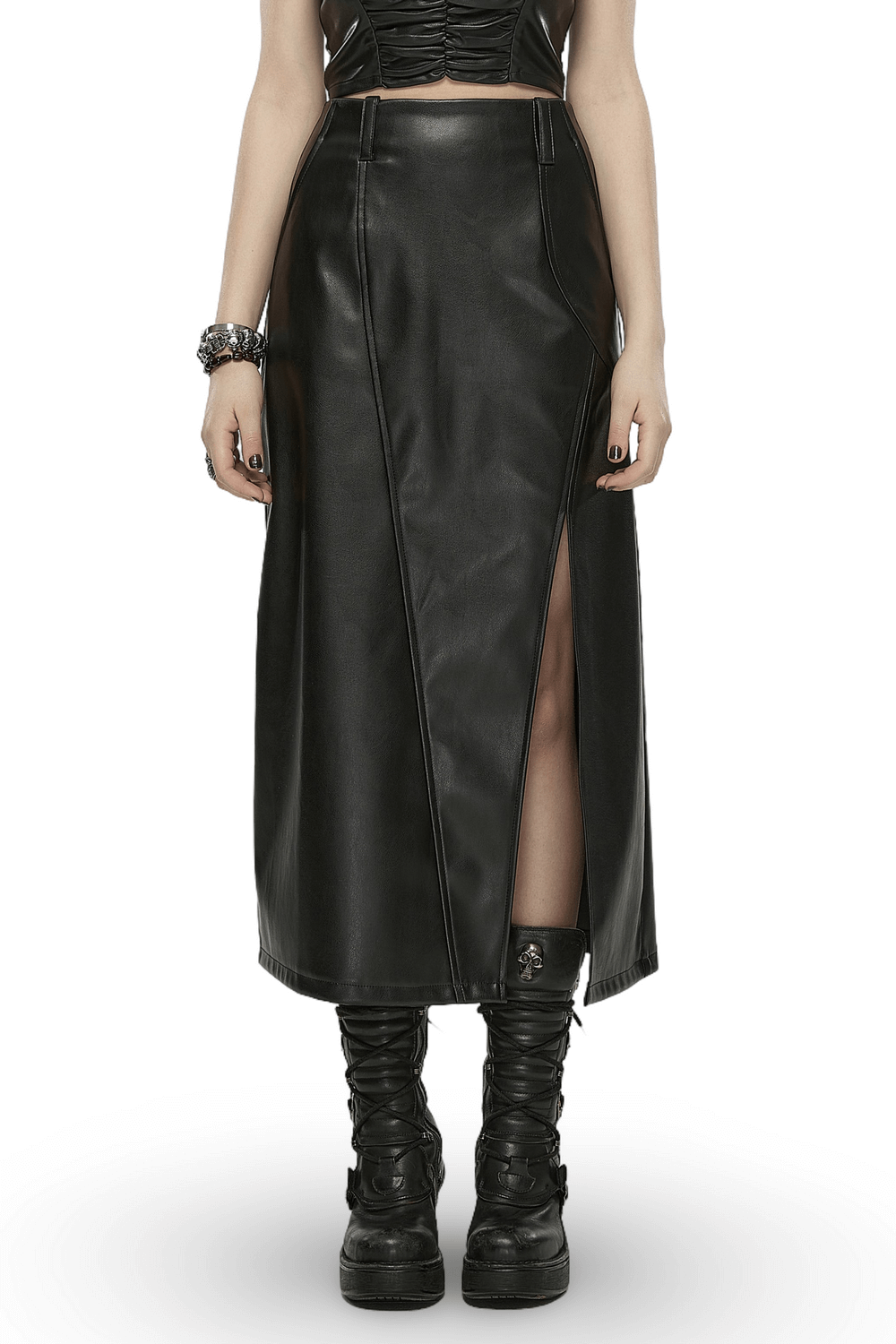 Punk Rave Black Faux Leather High Waist A-Line Split Skirt