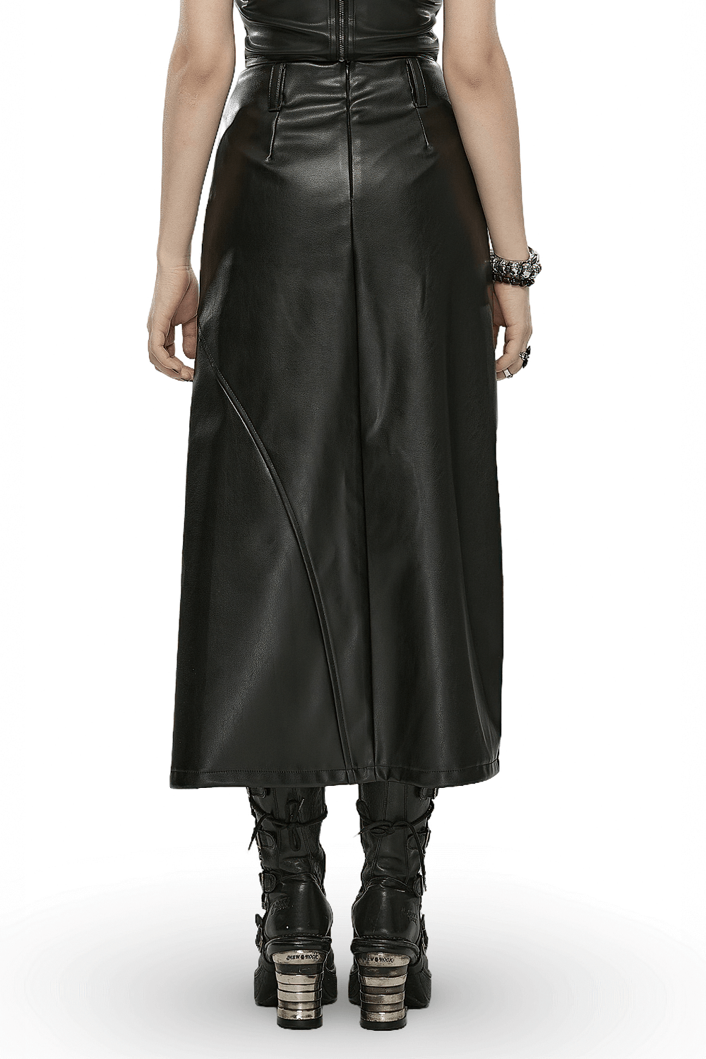 Black faux leather high-waist A-line split skirt showcasing edgy style and flattering silhouette from the back.