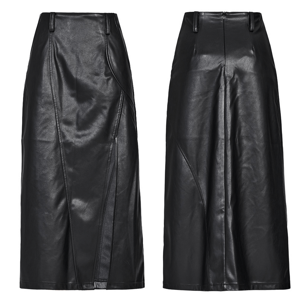Punk Rave black faux leather high waist A-line skirt with side slit and zipper detail.