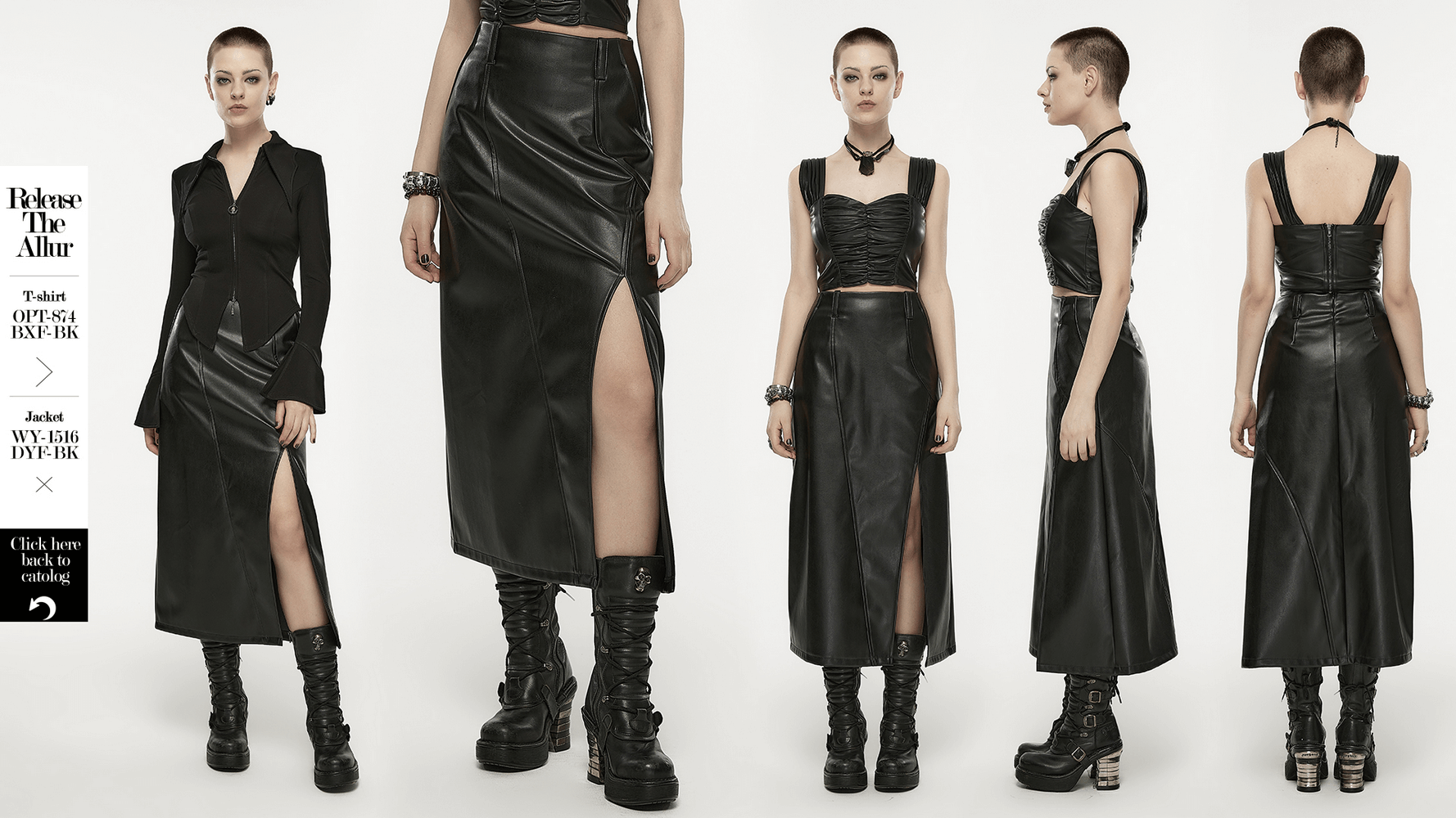 Edgy black faux leather high-waist A-line split skirt with side slit, paired with stylish lace-up boots.