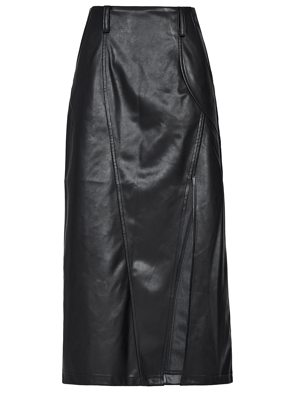 Punk Rave Black Faux Leather High Waist A-Line Split Skirt with dramatic side slit and sleek style.