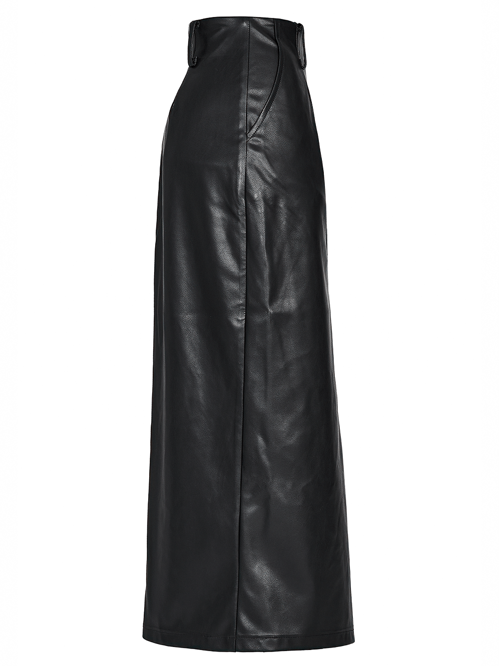 Side view of Punk Rave black faux leather high waist A-line split skirt with dramatic silhouette and edgy style.