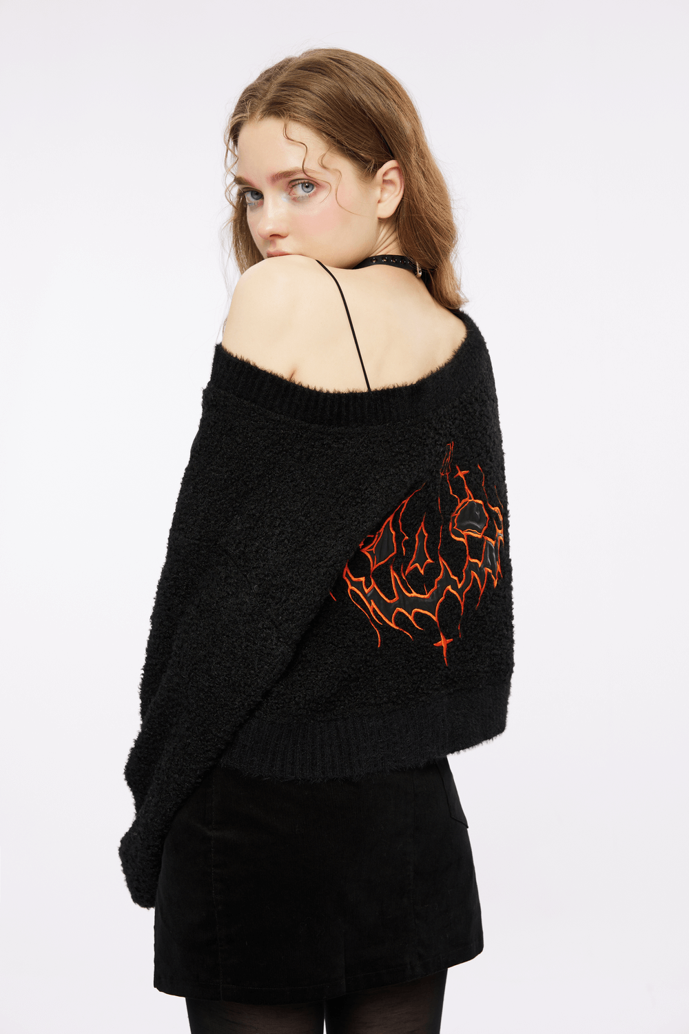 Punk Rave Black Flame Embroidered Crop Sweater