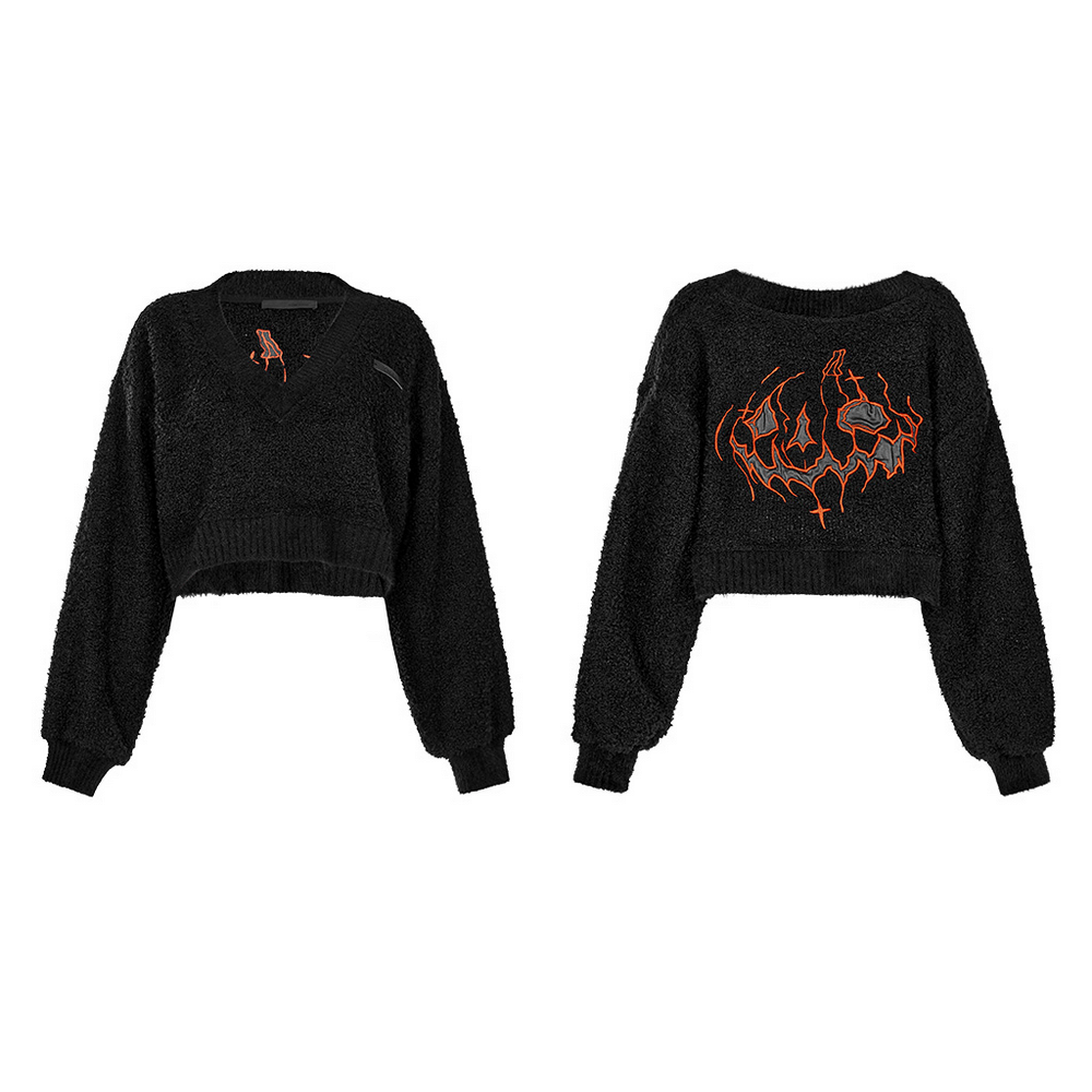 Punk Rave Black Flame Embroidered Crop Sweater