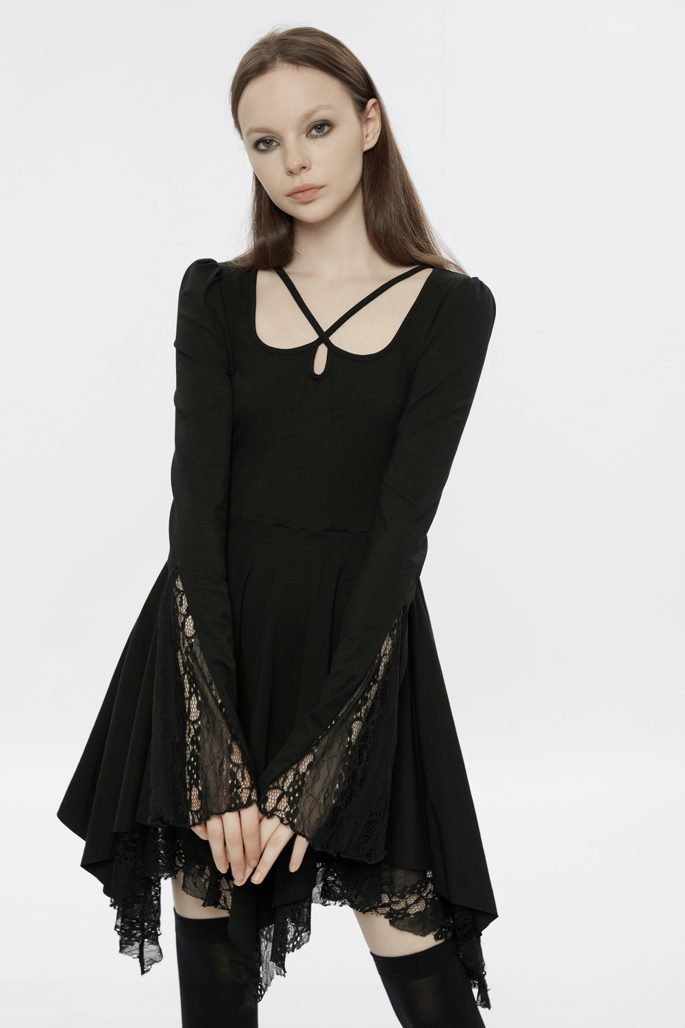 Punk Rave Black Gothic Dress with Lace Detailing