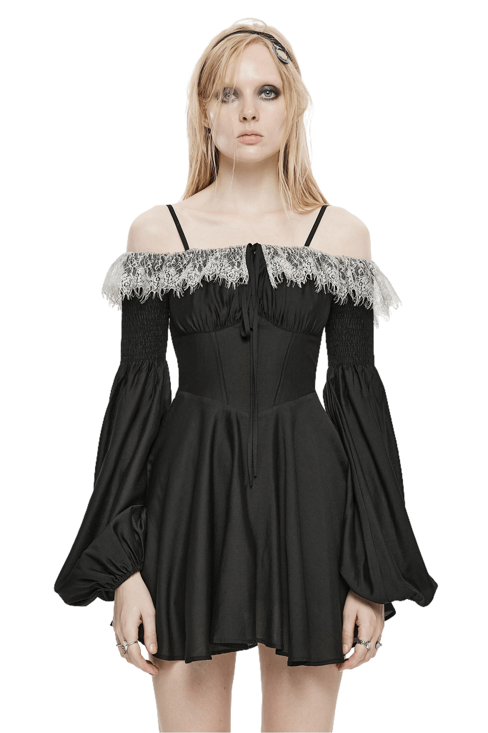 Punk Rave Black Gothic Off-Shoulder Mini Dress with whimsical lace trim and cinched waist, perfect for dark romance.