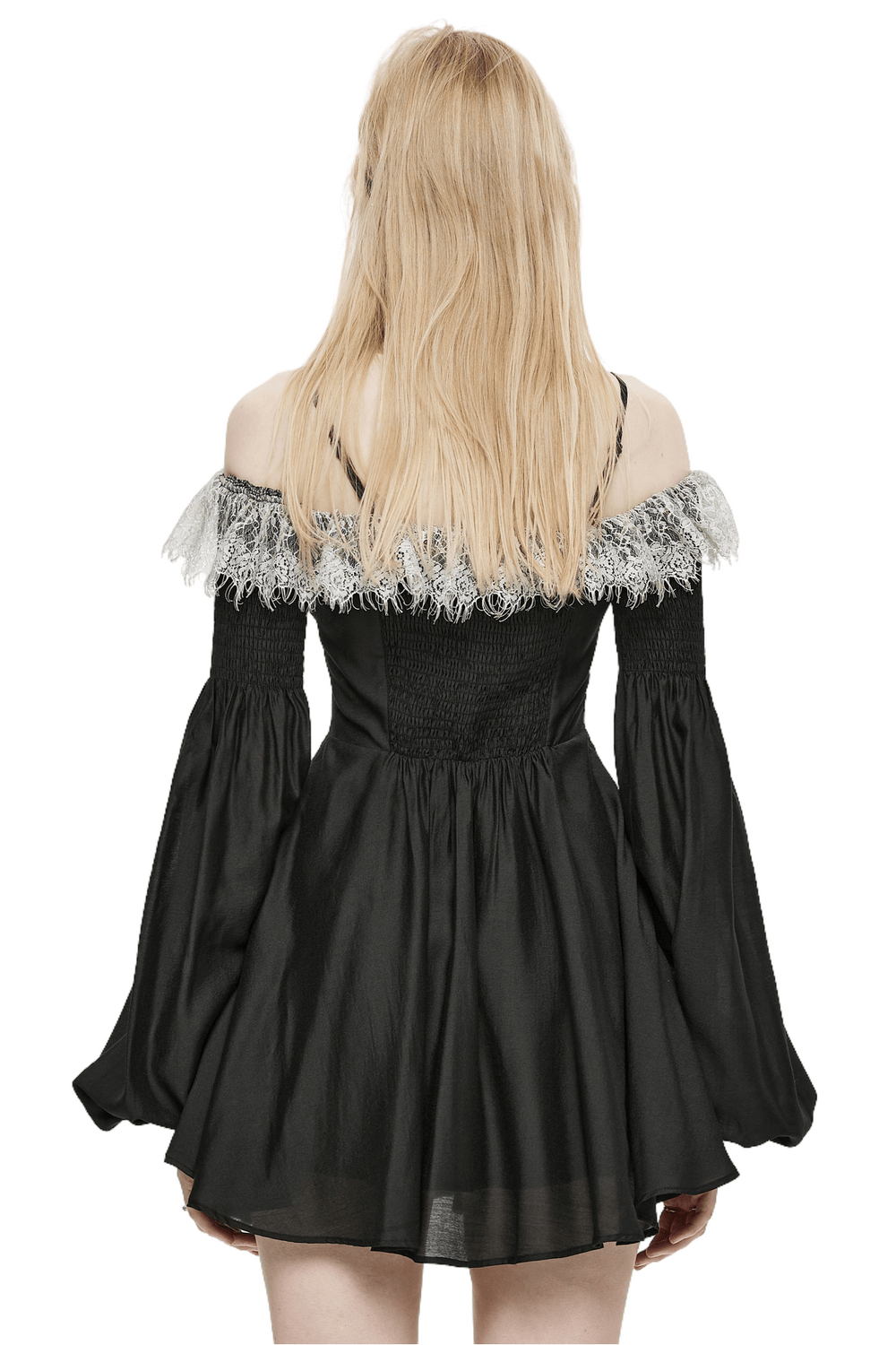 Back view of Punk Rave black gothic off-shoulder mini dress with lace edge and lantern cuffs.