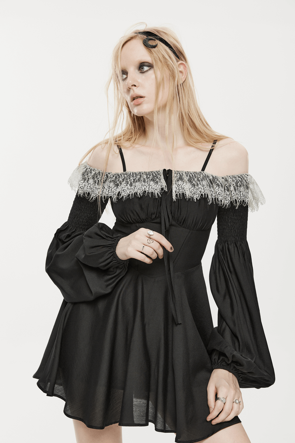 Punk Rave Black Gothic Off-Shoulder Mini Dress with lace trim and lantern cuffs, perfect for dark romance.