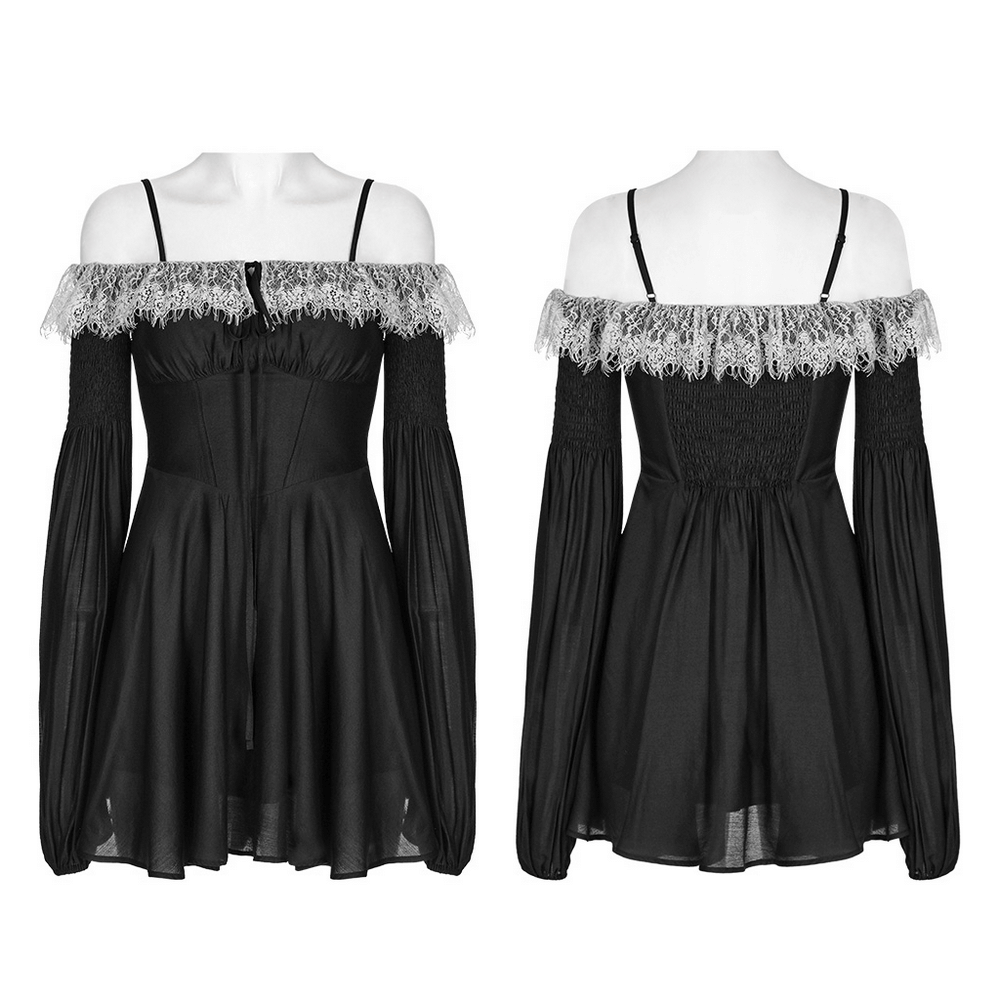 Punk Rave Black Gothic Off-Shoulder Mini Dress featuring lace trim and lantern sleeves for a whimsical dark romance look.