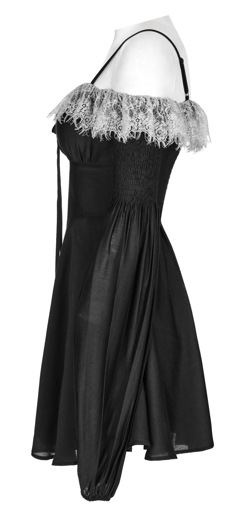 Punk Rave black gothic off-shoulder mini dress with lace trim, cinched waist, and playful lantern cuffs.