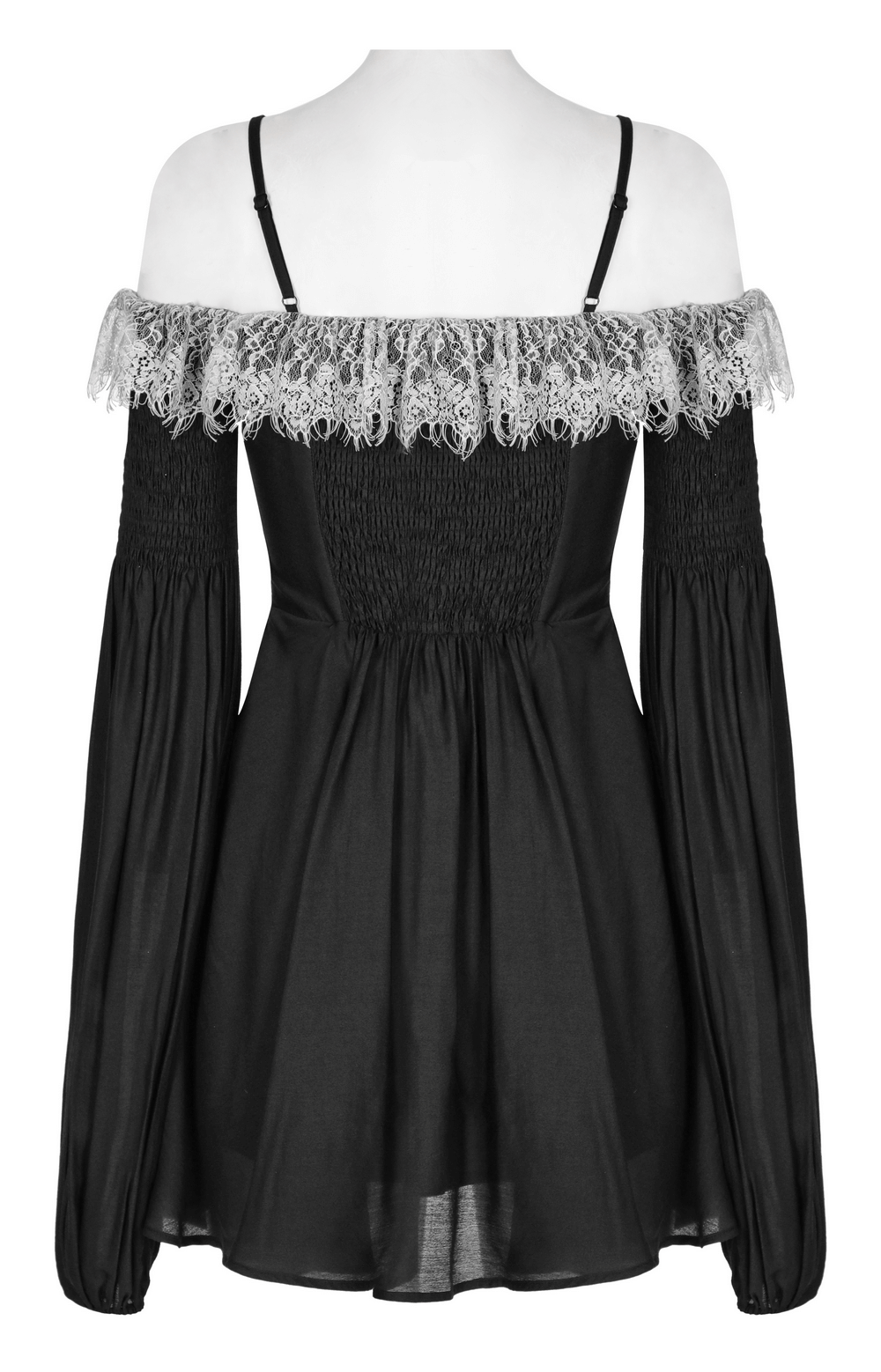 Back view of a Punk Rave black gothic off-shoulder mini dress with lace edge and lantern cuffs.