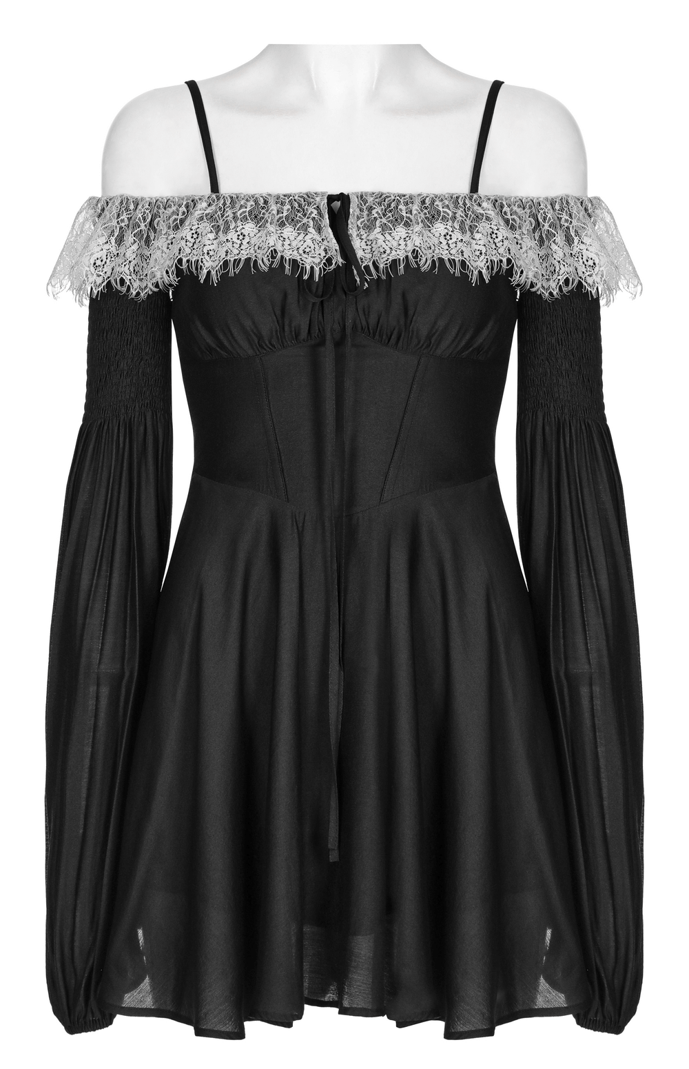 Punk Rave black Gothic off-shoulder mini dress with lace edge and lantern cuffs for dark romance attire.