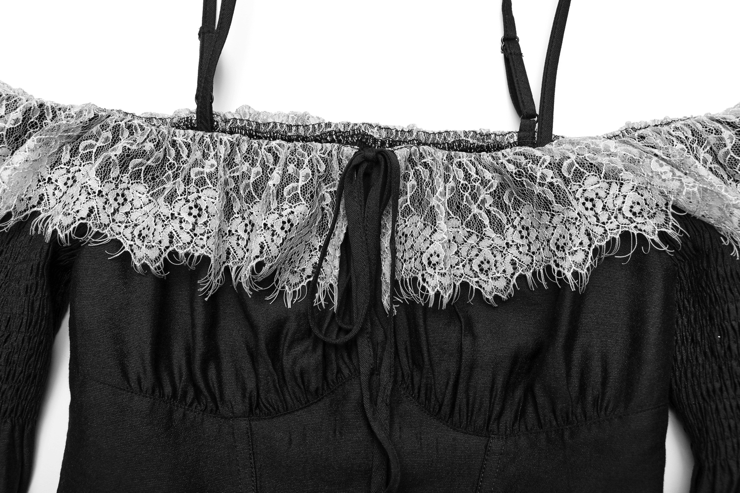 Close-up of the lace neckline and off-shoulder design of a black Gothic mini dress, showcasing vintage charm.