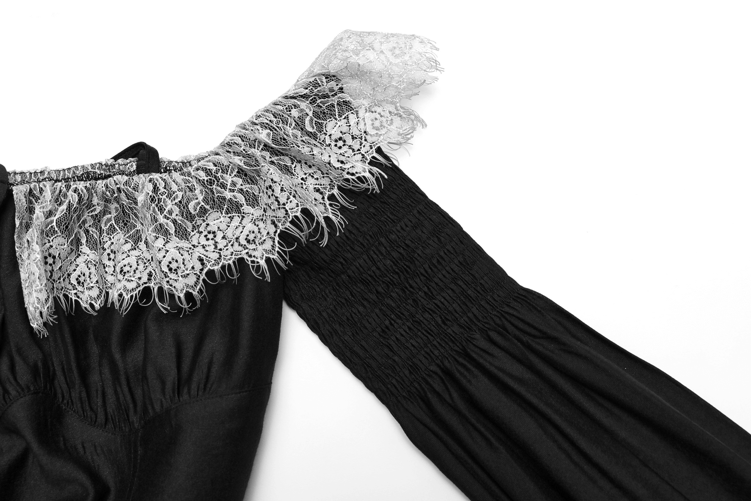 Close-up of the black gothic off-shoulder mini dress showcasing lace neckline and smocked lantern sleeves.