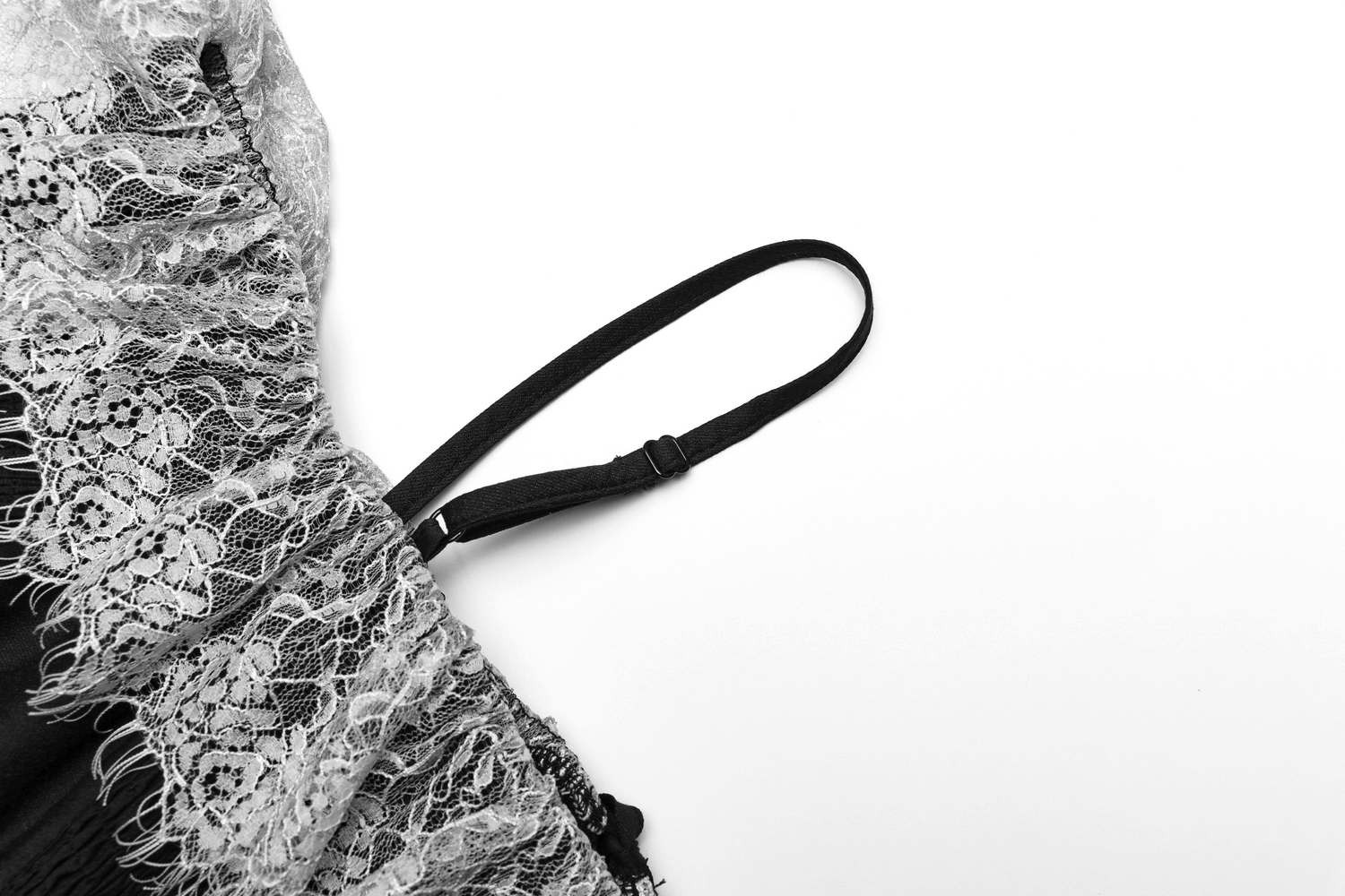 Close-up of the lace edge and strap of a Punk Rave black gothic off-shoulder mini dress, highlighting its delicate details.