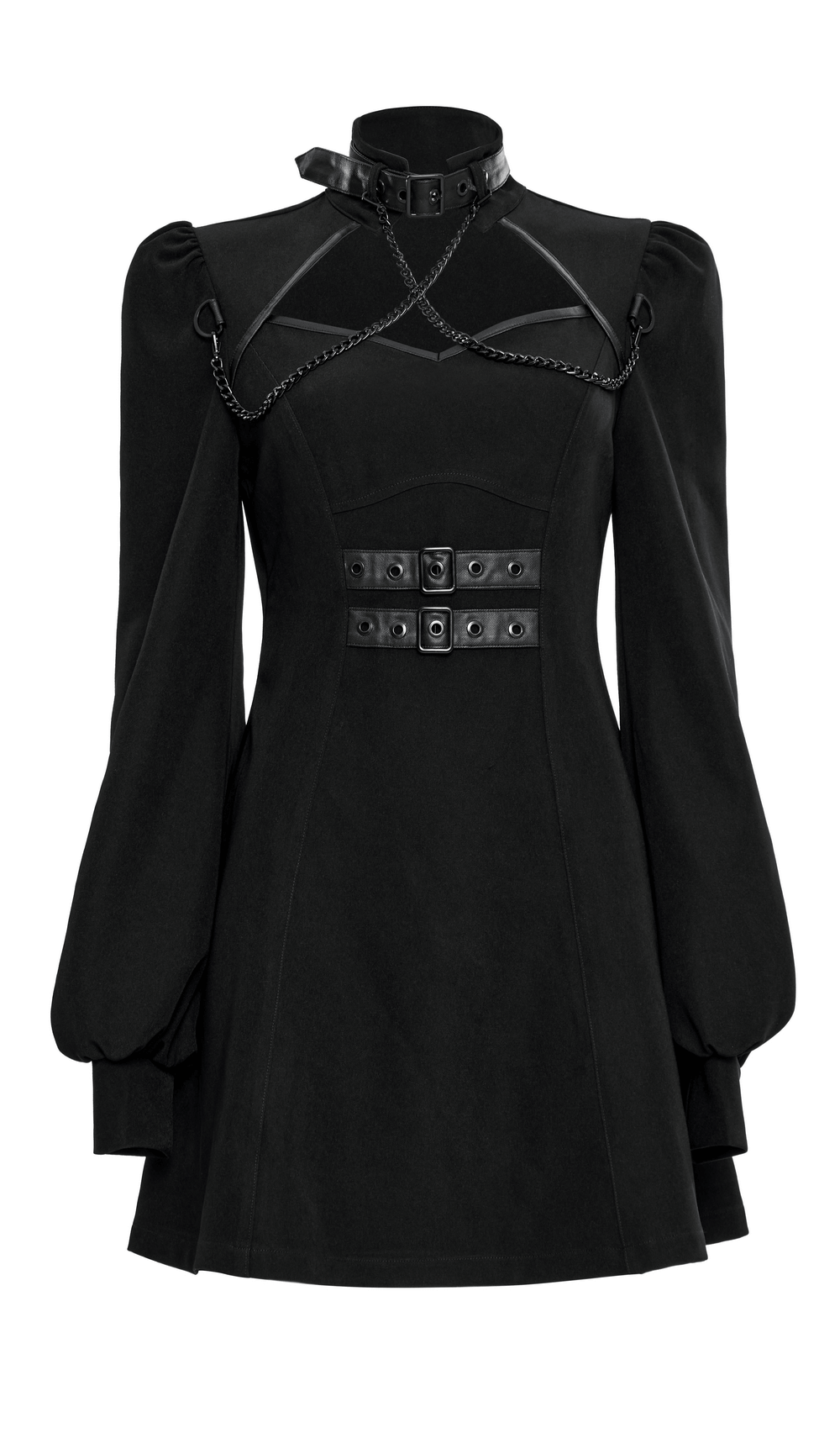 Punk Rave black gothic techwear dress with chain, high collar, and A-line silhouette, perfect for cybergoth fashion.