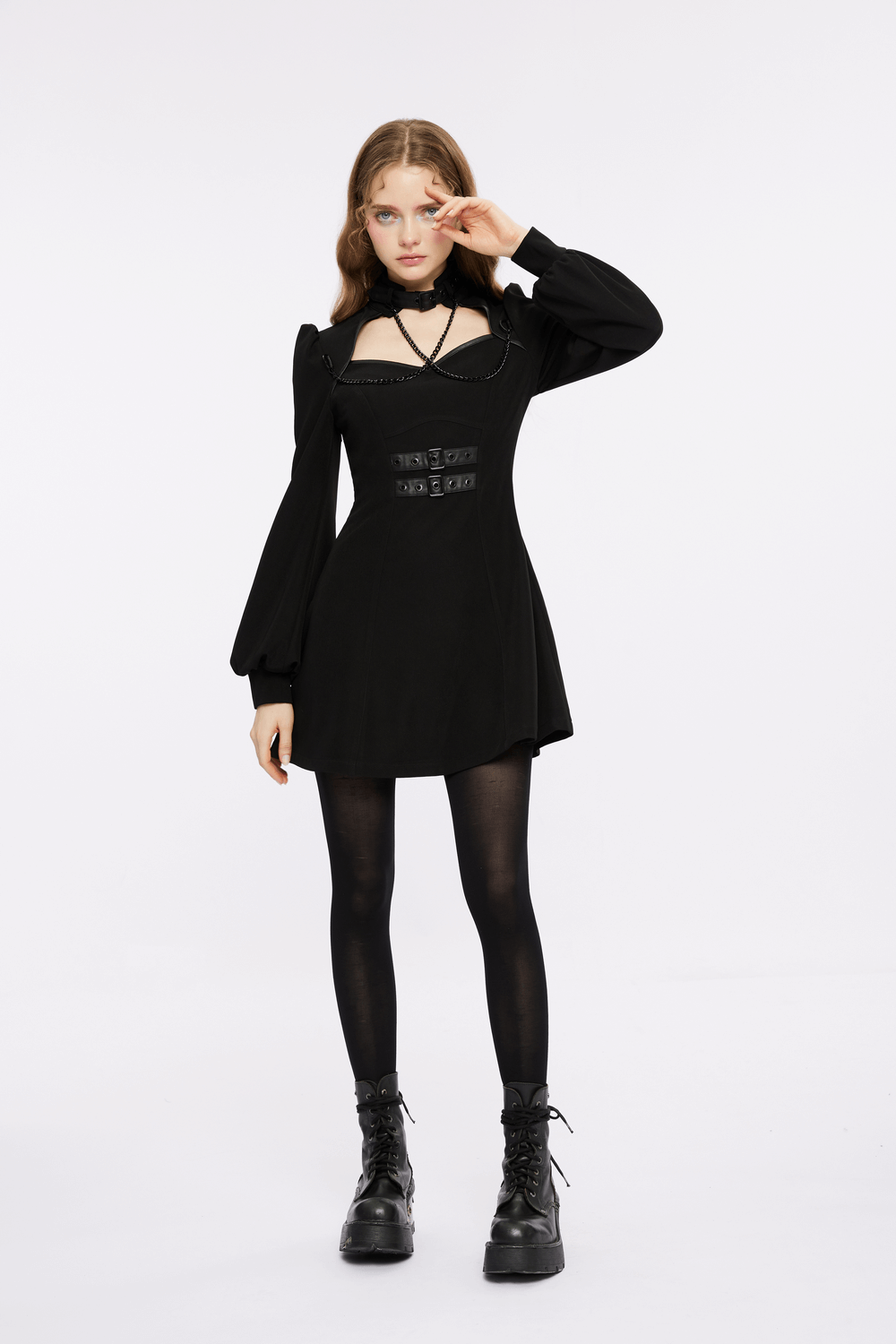Punk Rave black gothic techwear dress with chain, high collar, and A-line silhouette, perfect for cybergoth fashion.
