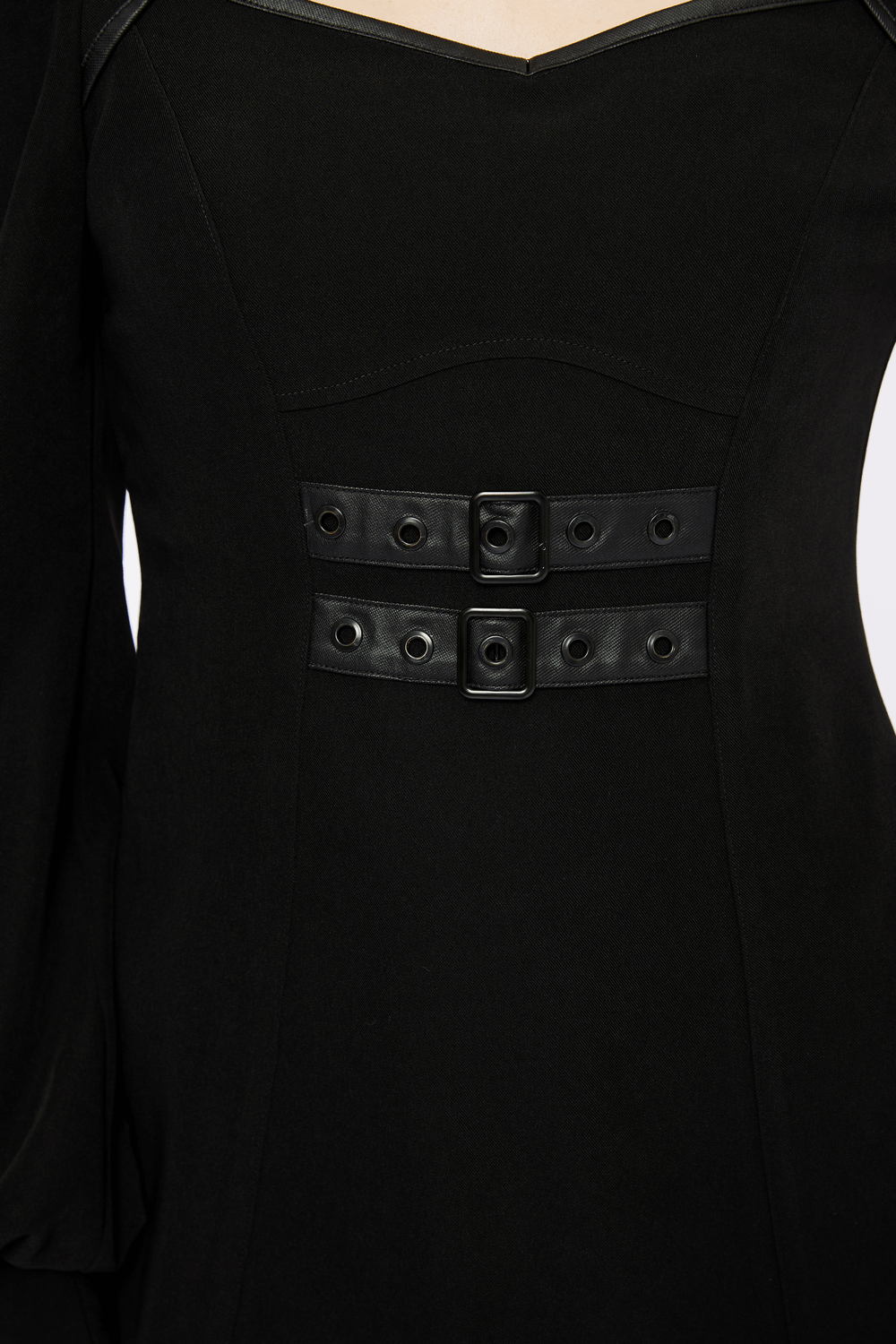 Close-up of the Punk Rave black gothic techwear dress featuring a square neckline and double buckle design.
