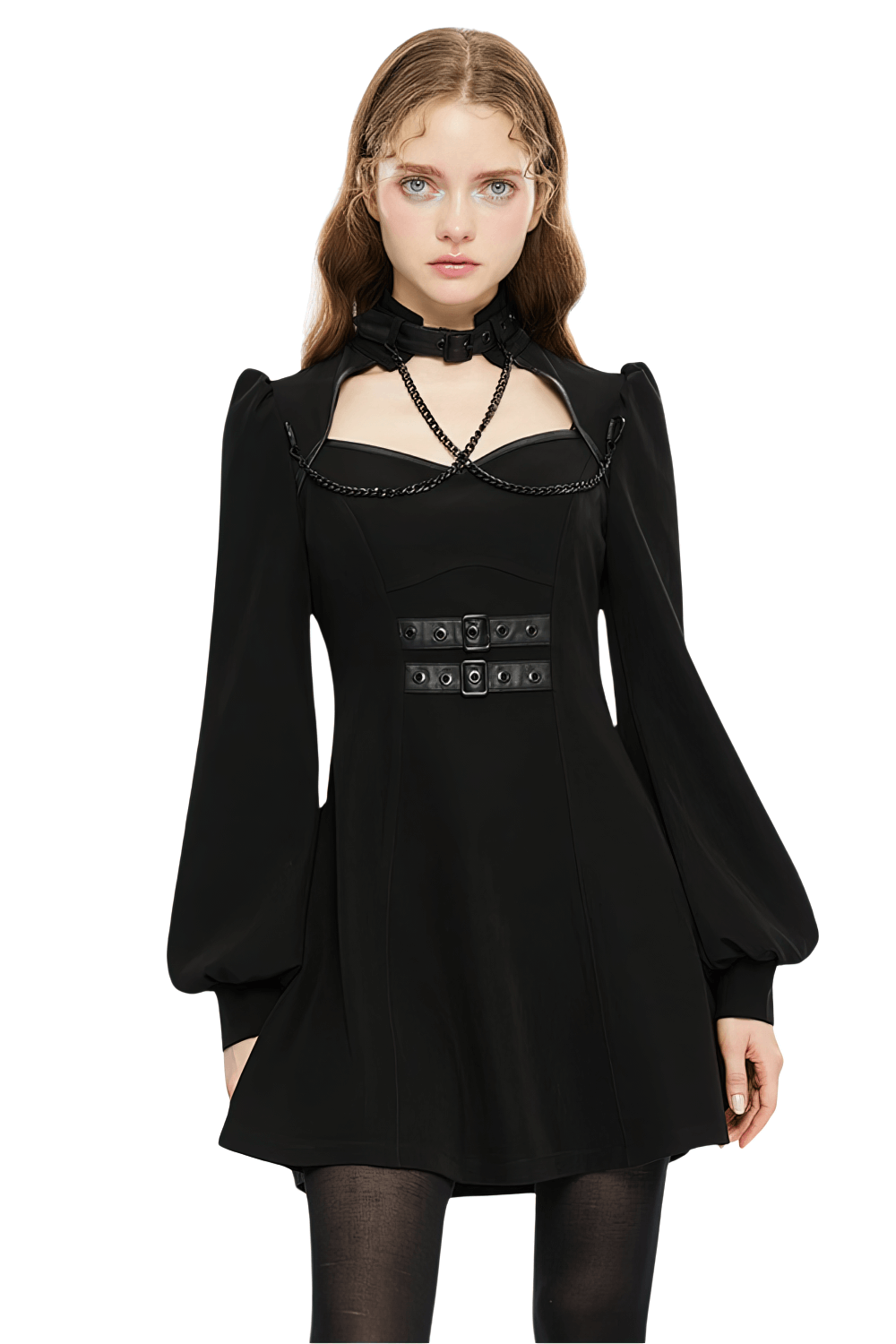 Punk Rave Black Gothic Techwear Dress with Chain and Clasps