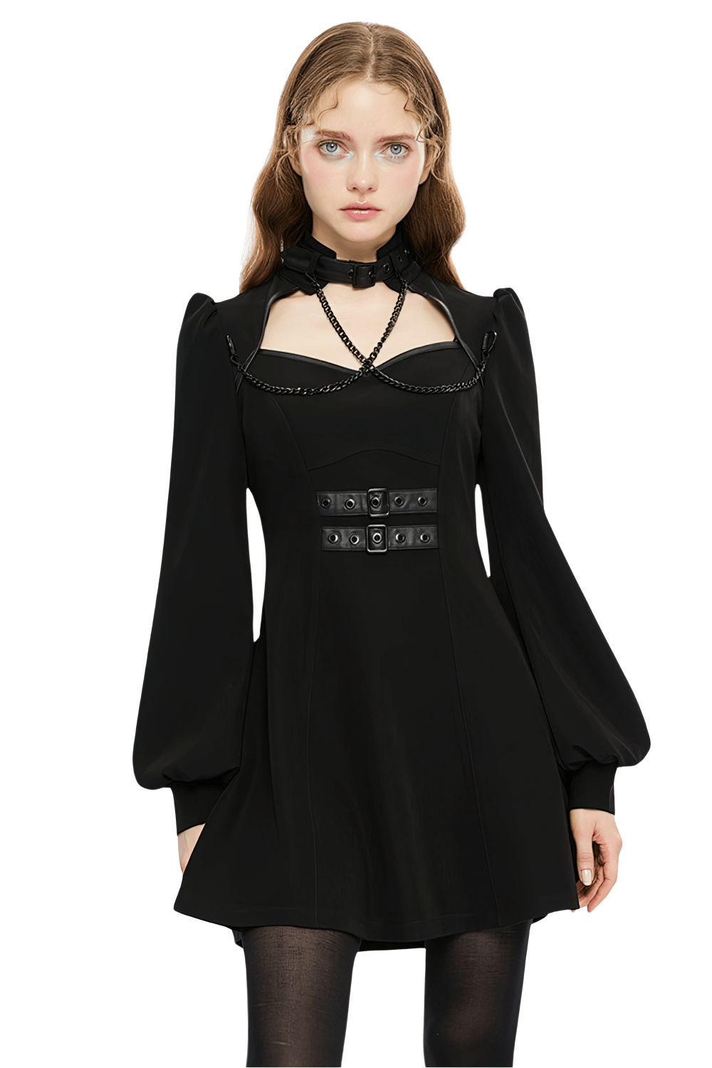 Punk Rave black gothic techwear dress with chain, high collar, and A-line silhouette, perfect for cybergoth style.