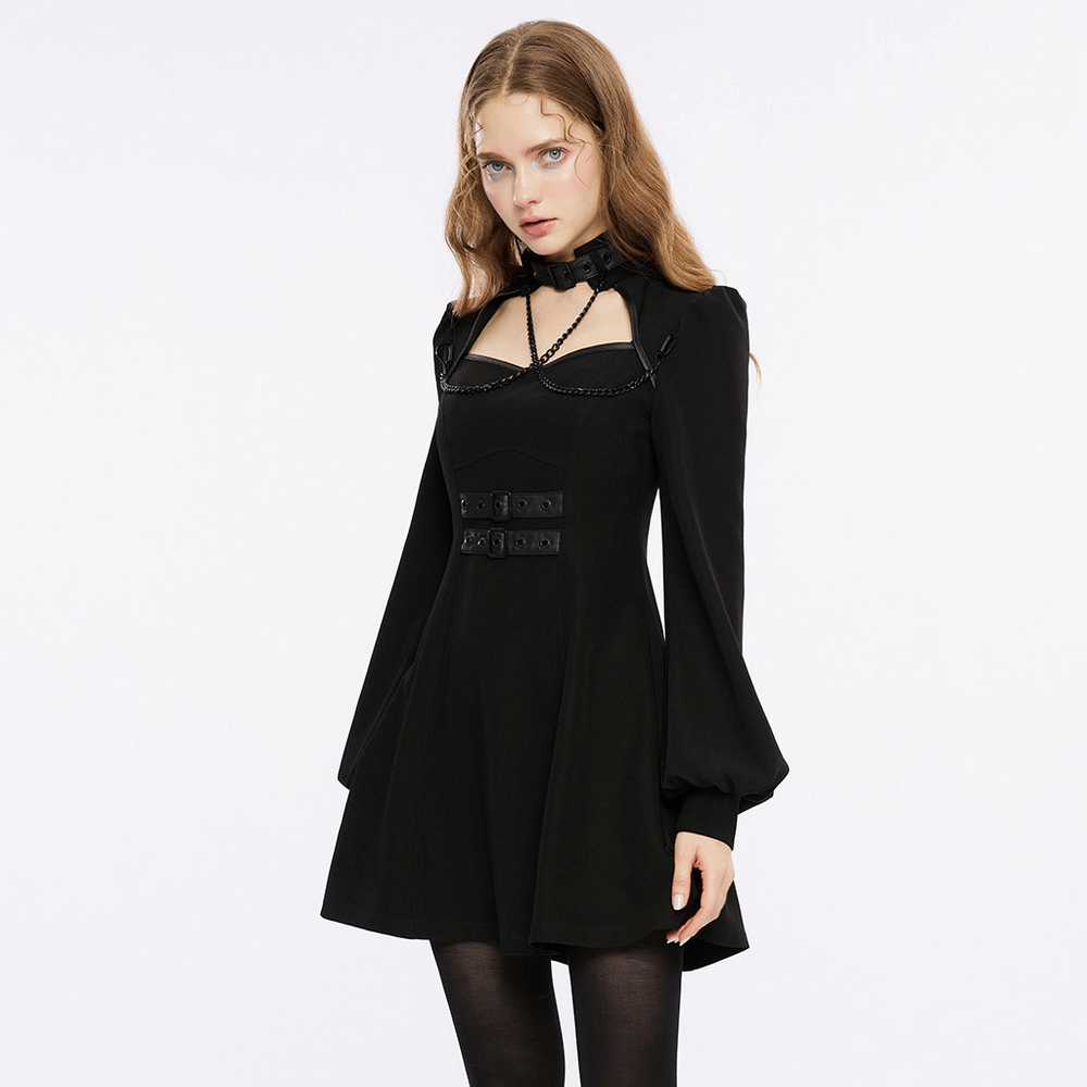 Punk Rave black gothic techwear dress with chain, high collar, and A-line silhouette.