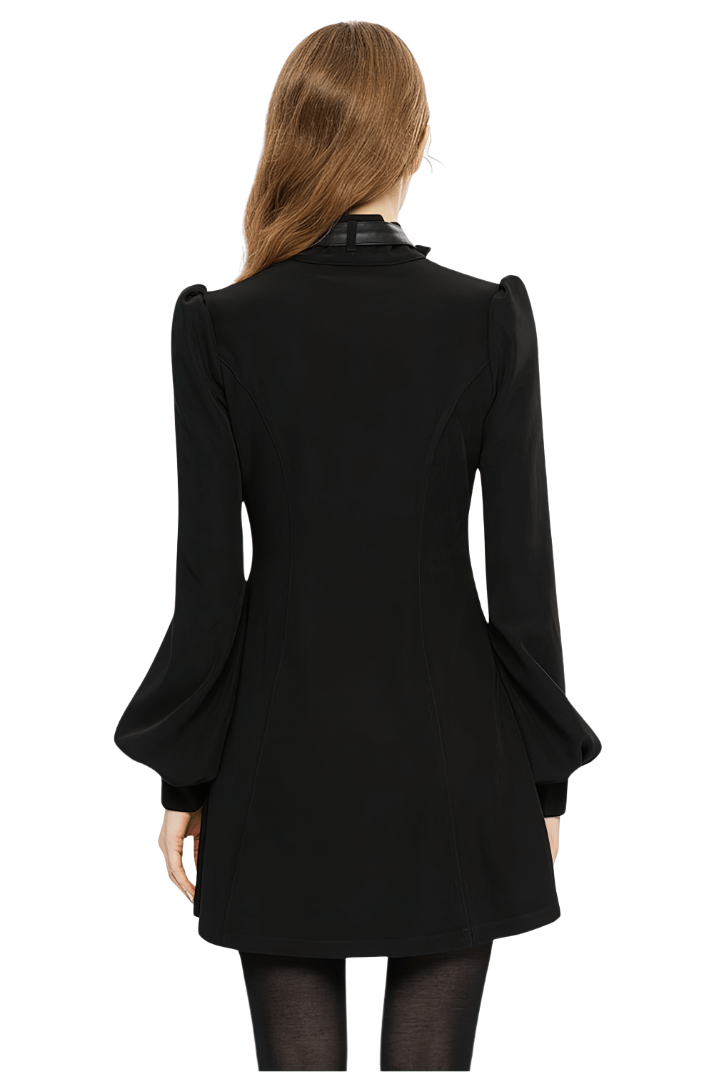 Back view of a black gothic techwear dress with puff sleeves and high collar, showcasing a sleek and stylish design.