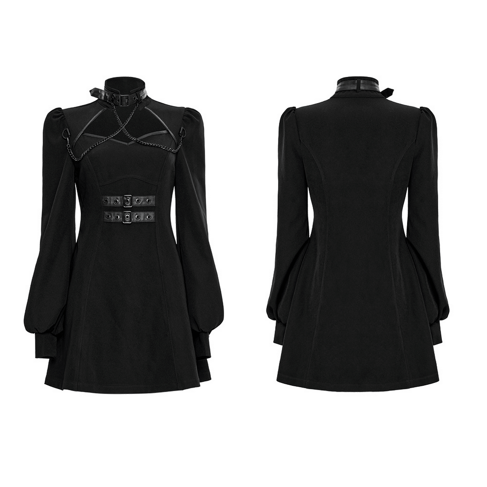 Punk Rave black gothic techwear dress with high collar, chains, and adjustable sleeves.