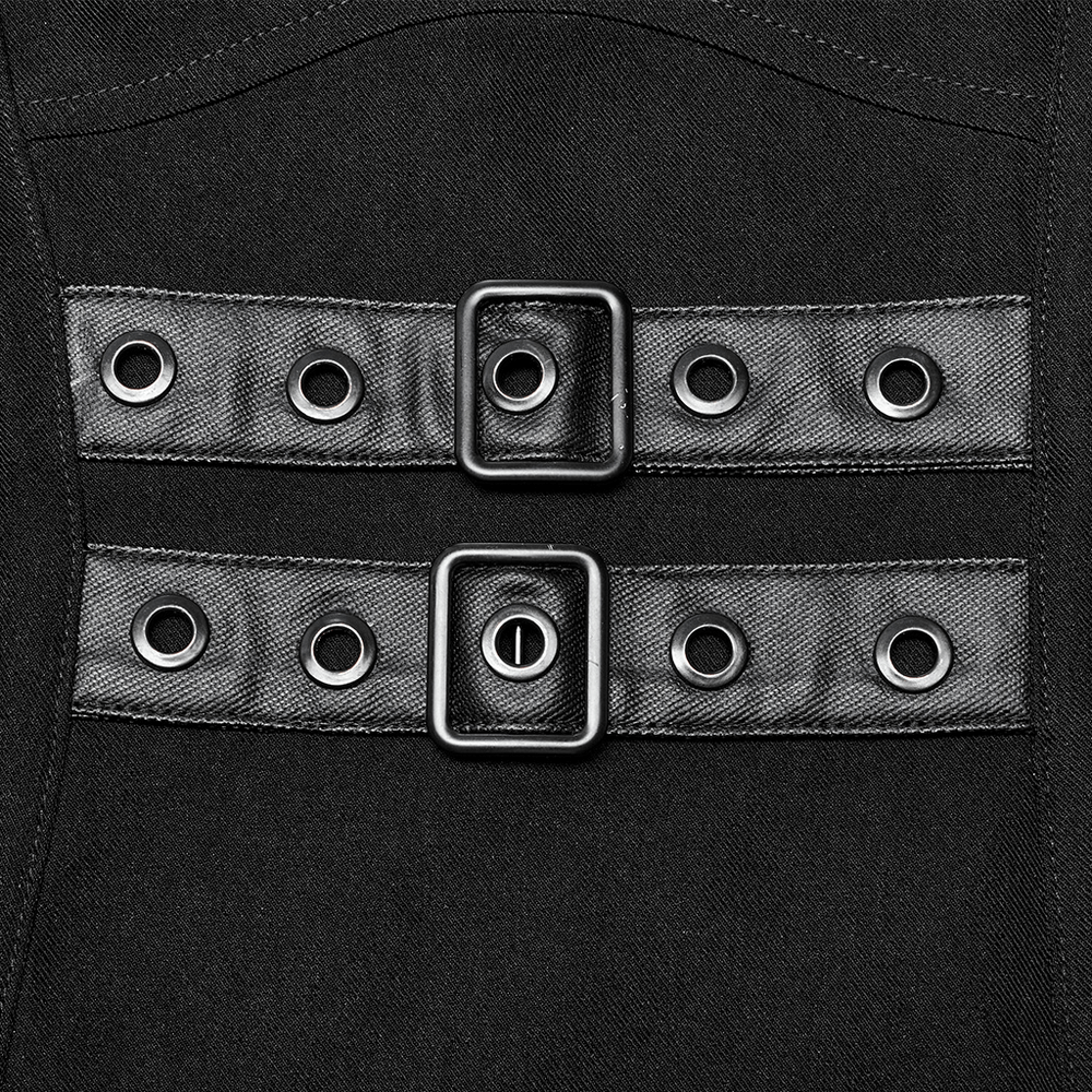 Close-up of black gothic dress detailing with adjustable clasps and metal rings for a techwear look.