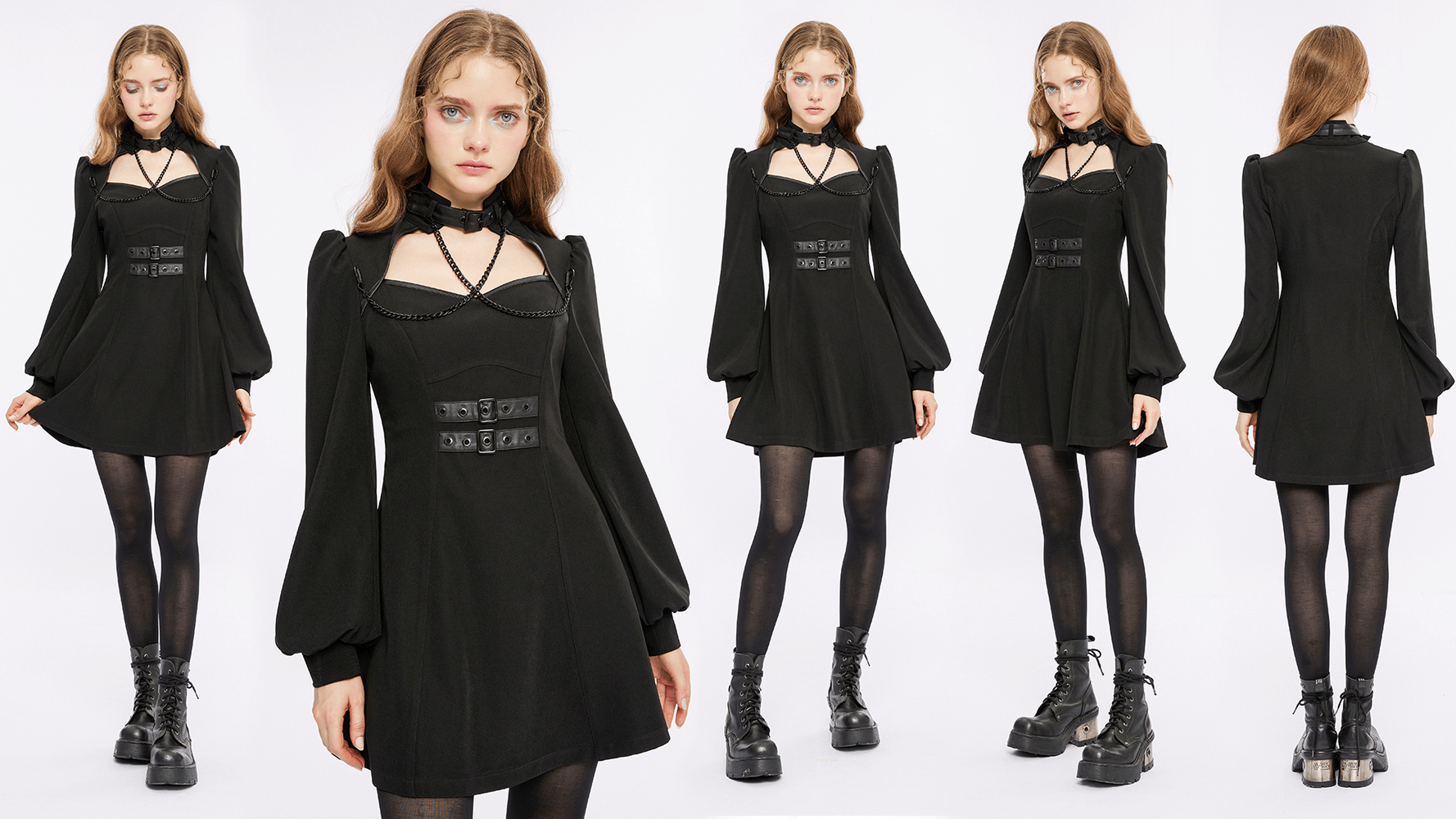 Punk Rave Black Gothic Techwear Dress with Chain and Clasps