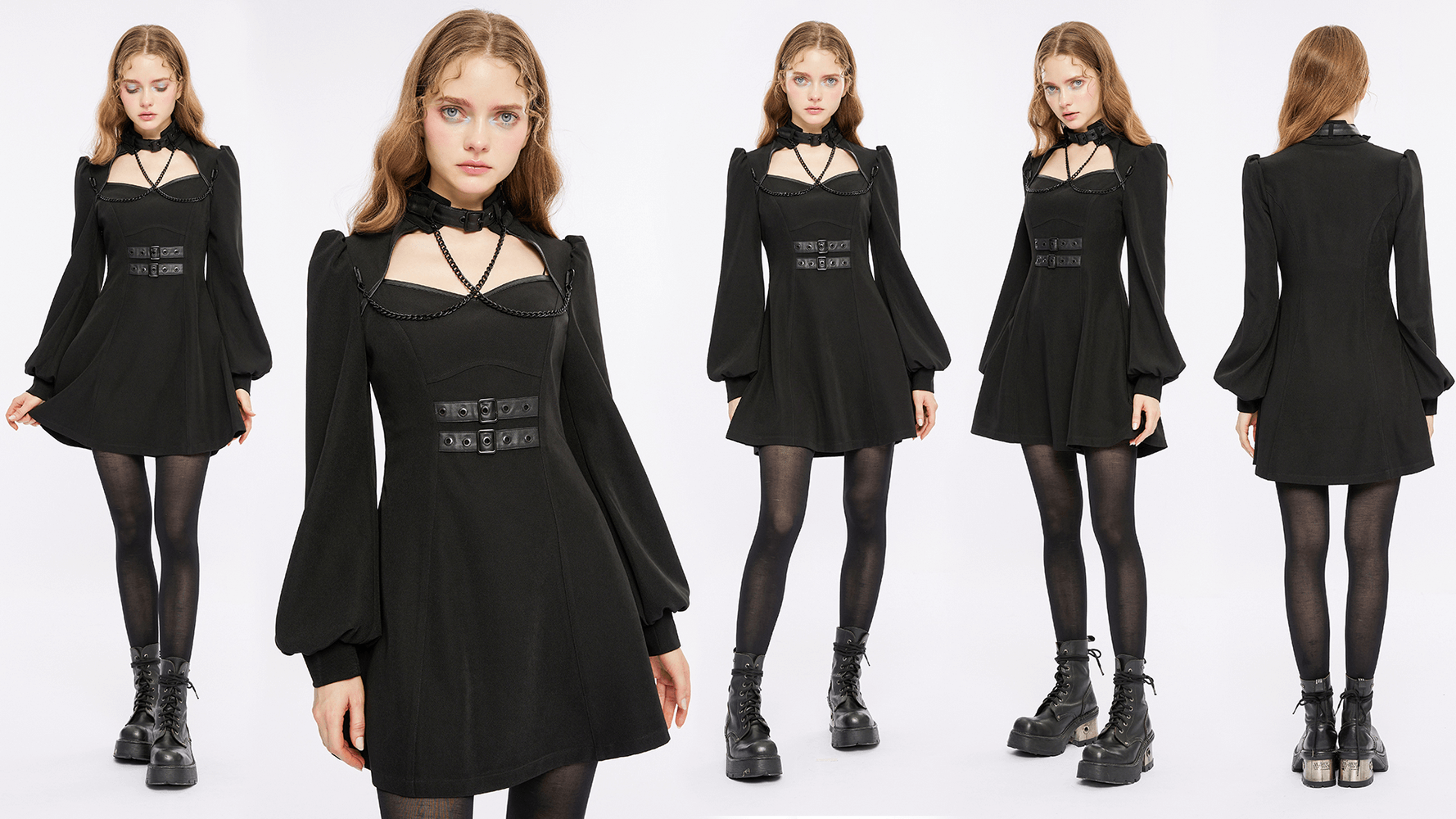 Punk Rave black gothic techwear dress with square neck, adjustable collar, and detachable chain, perfect for cybergoth style.