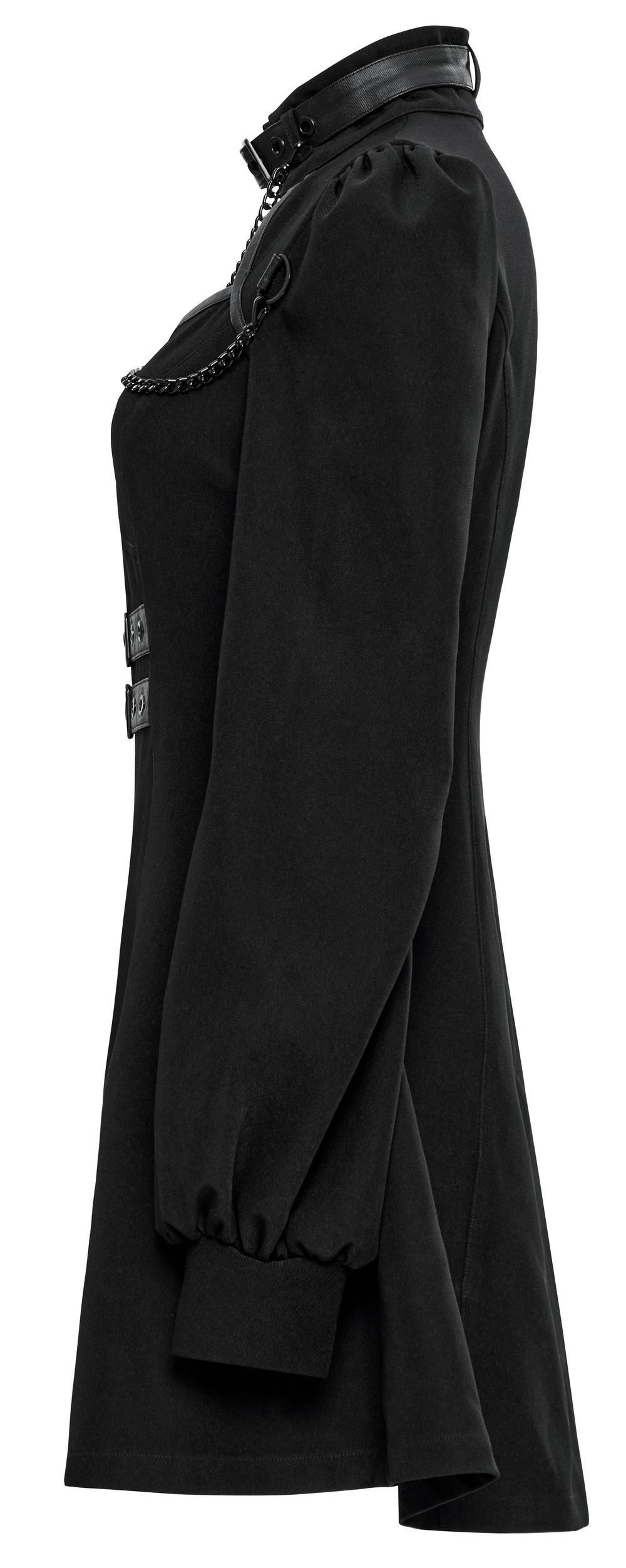 Punk Rave black gothic techwear dress featuring a high collar, adjustable chain, and A-line silhouette.