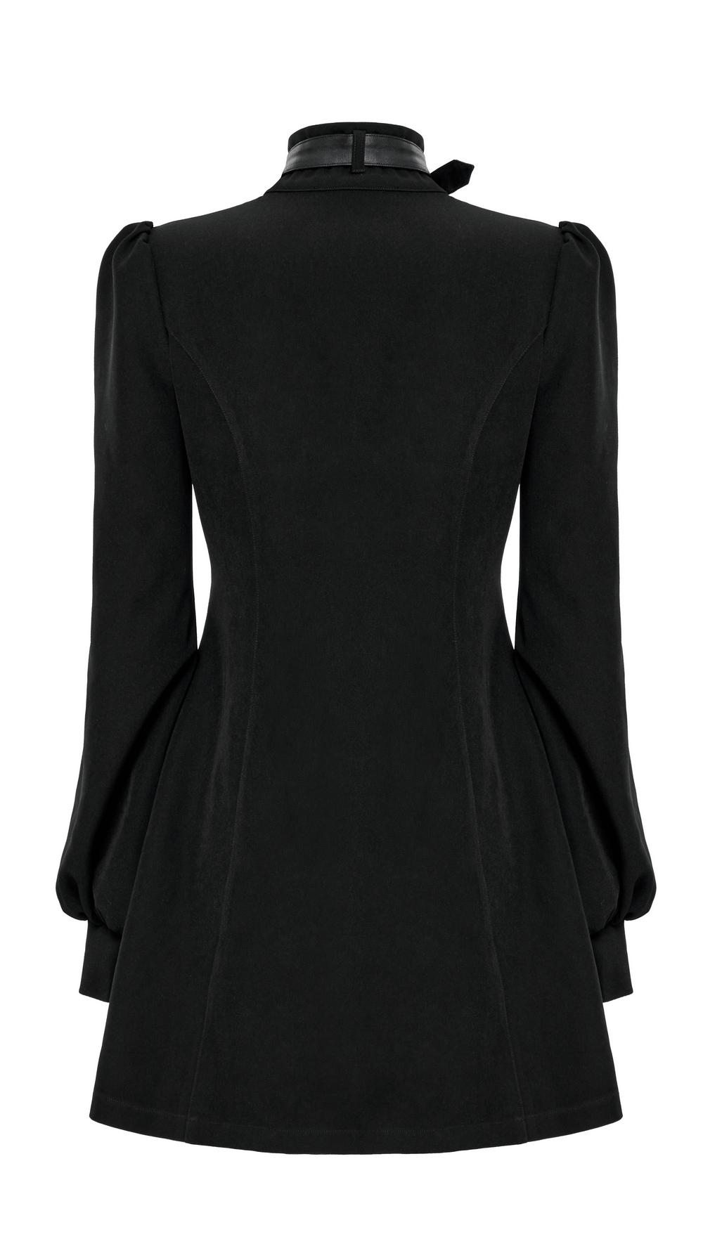 Back view of a black gothic techwear dress with high collar and puffed sleeves, featuring faux leather detail.