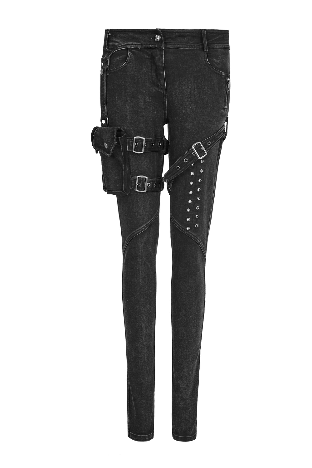 Punk Rave Black grunge skinny jeans with eyelets and removable pocket, perfect for edgy fashion lovers.