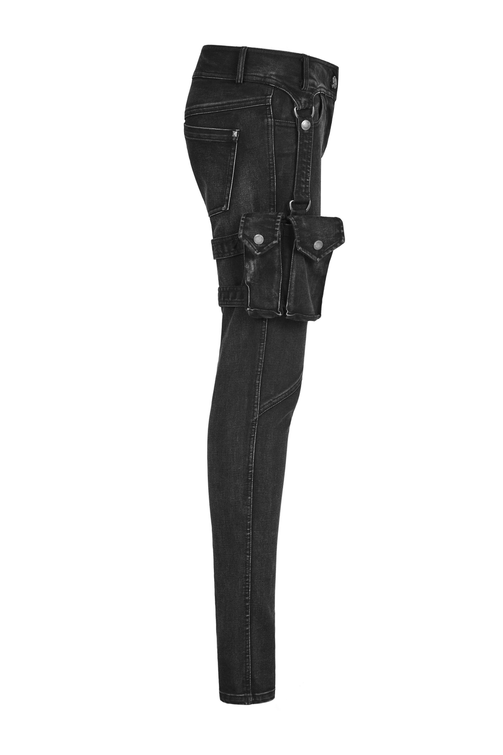 Punk Rave black grunge skinny jeans with edgy 3D pockets and grommets, showcasing a sleek, vintage washed look.