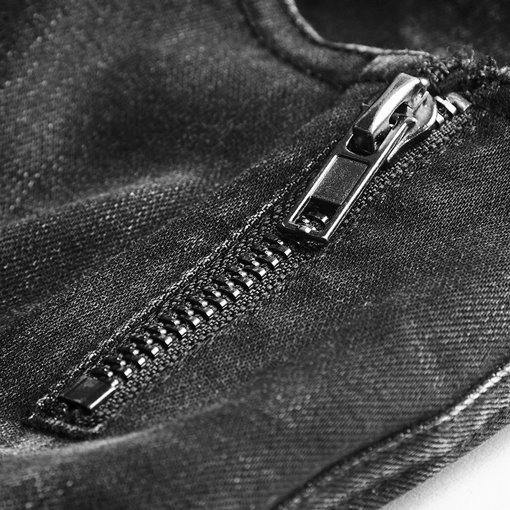 Close-up of a black zipper on Punk Rave black grunge jeans showcasing stylish detailing and edgy design.