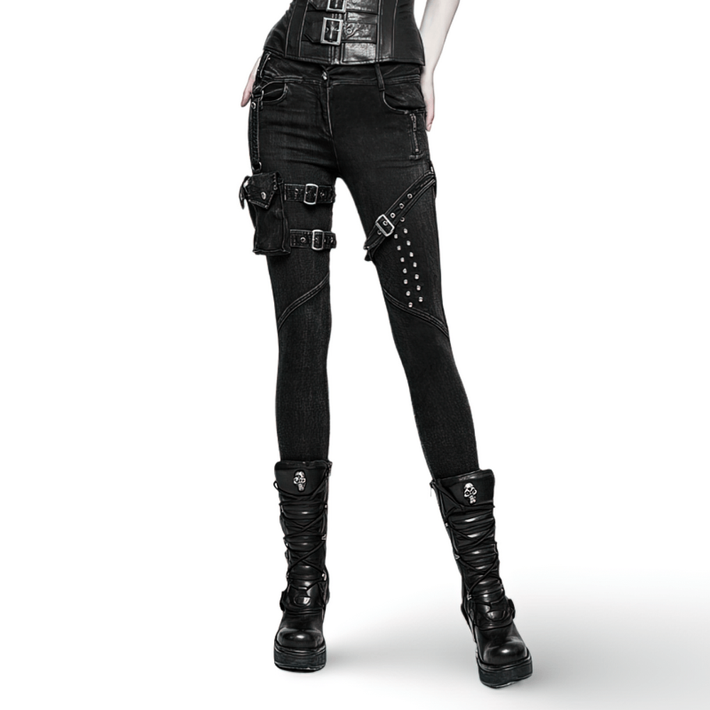 Punk Rave black grunge skinny jeans with edgy pockets and buckle detail, showcasing gothic style and vintage wash.