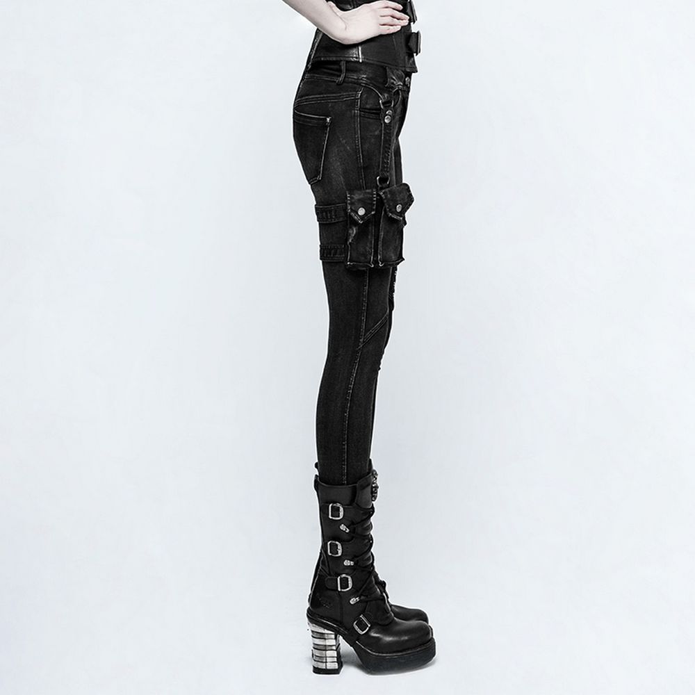 Side view of Punk Rave Black Grunge Pocket Eyelets Skinny Jeans with edgy pockets and stylish boots.
